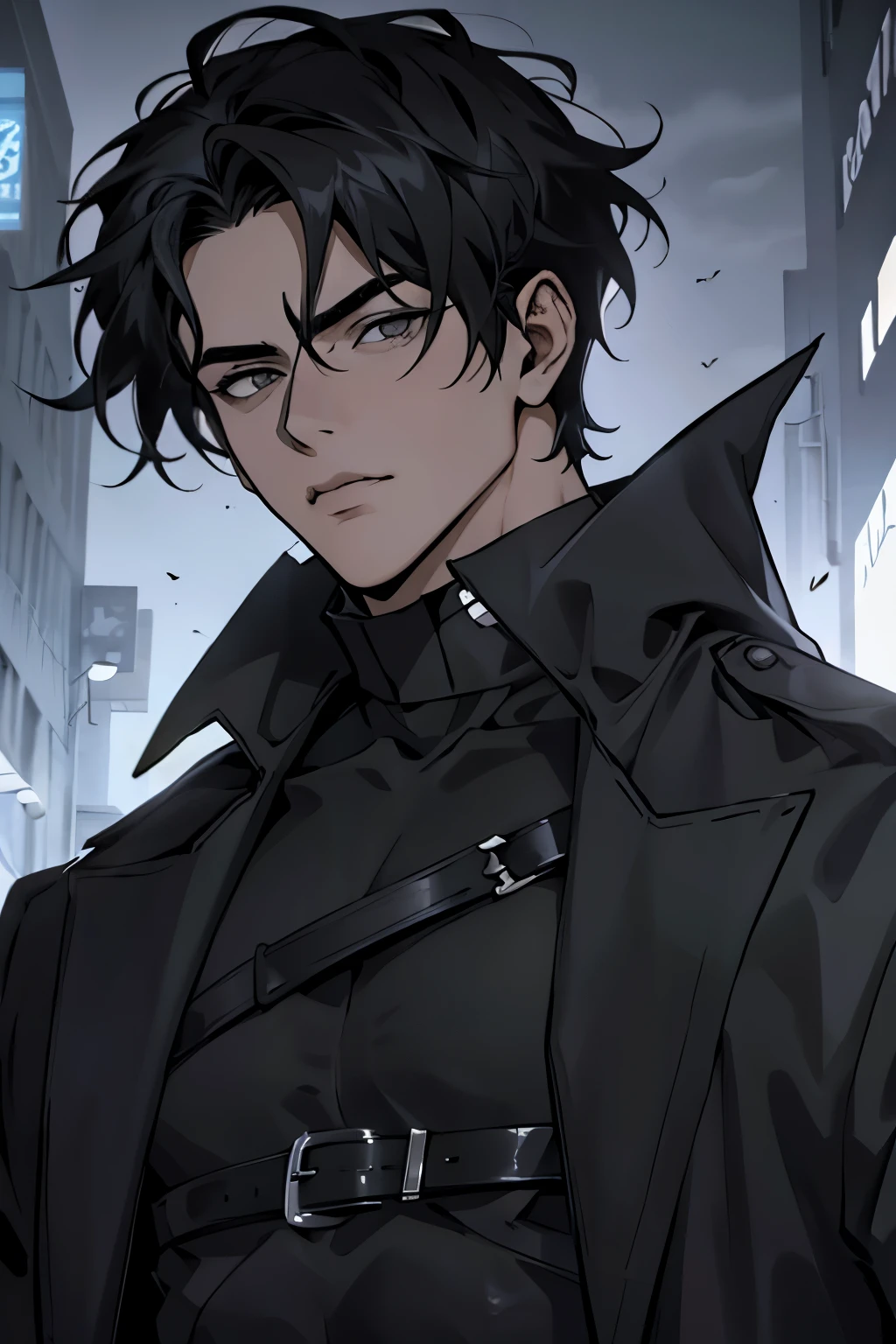 Manhwa Arte Europeo, 25 years old man, Pelo desordenado de la cabecera, Cabello negro azabache, ojos penetrantes, black eyes, cejas gruesas, Llevar abrigo negro, razor-sharp jawline, mirada penetrante, Cold and mysterious character, 8k, Detailed features, muy guapo, vintage detective background