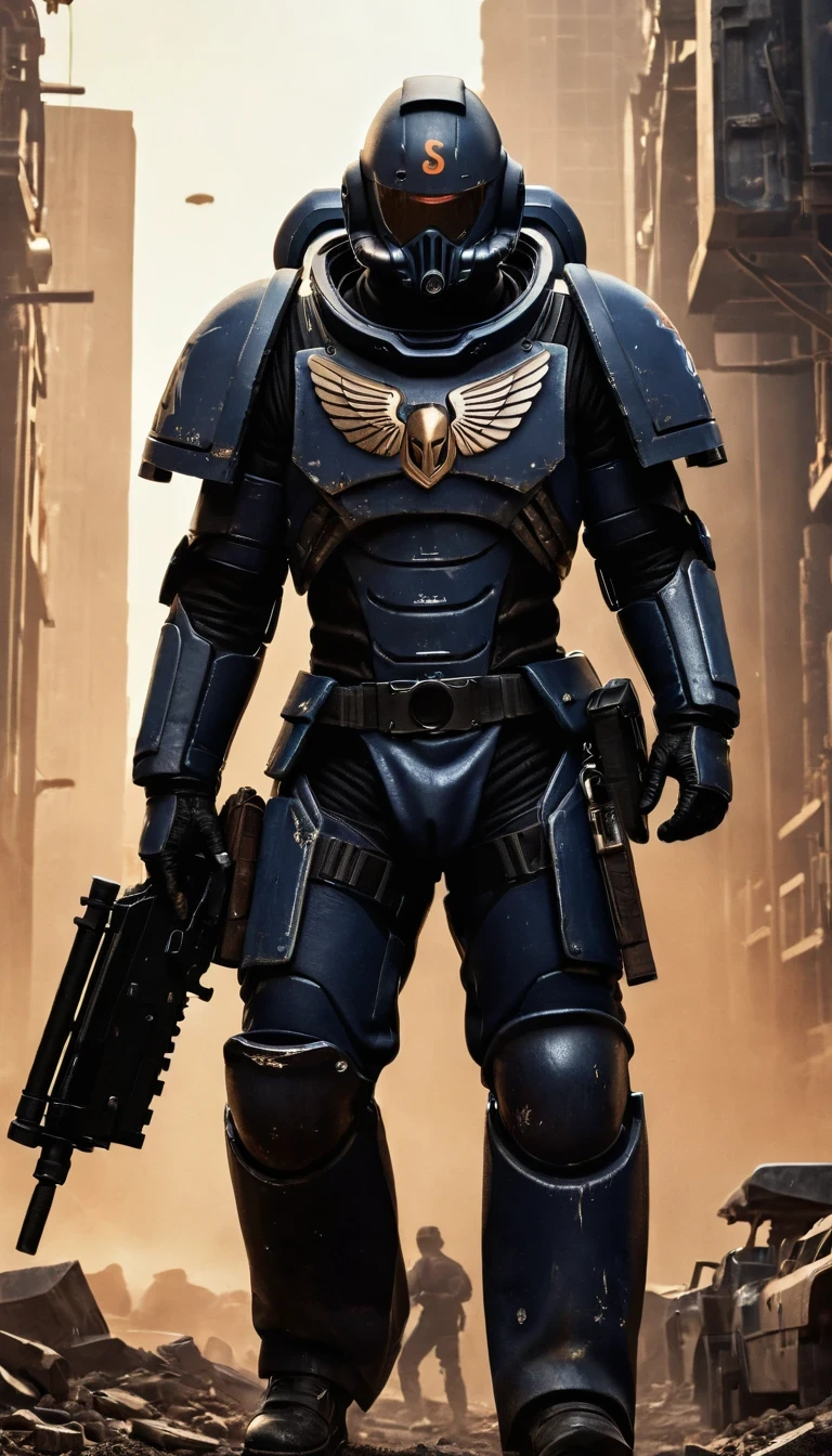 (Character Design), Science Fiction "District 9" Star Cowboys, (Full Body), Movie Poster, The main character of the science fiction novel "District 9", Qin Yu, is wearing a black combat suit with a dark blue sweater leaking out of the collar (underneath he wears a pair of dark cotton pants, and a pair of rounded cloth shoes for his feet). Wearing a worn-out overcoat, the combat suit is made of wear-resistant and waterproof material, the combat suit is equipped with bulletproof undershirt, helmet, goggles and other protective equipment, and is also equipped with pistols, rifles, grenades, medical kits, and other kinds of equipment and tools; his hair is very short, and the color of stalwartness comes through between his eyebrows, he is tall, with broad shoulders, and his skin is a healthy bronze color, with well-defined muscles, his eyes are deep and bright, and the color of stalwartness comes through between his eyebrows. Between them there was an aura of fortitude and courage. Qin Yu's features were three-dimensional and deep. His nose was high and straight, and his lips were well-defined, making him both tough and bold. His hair was short and thick, always meticulously combed, and in the background: the interstellar lands were devastated after the cataclysmic
sci-fi,dark fantasy,impossible,visual exaggeration,nostalgiacore,post cyberpunk,futuristic,invasion,sci-fi,movie poster,image from the works of Wong Kar-Wai by Edward Curtis,intense atmosphere,high detail,ultra-high quality,high-resolution,trends on artstation,hi-definition,16K,depth-of-field (dof),cinematographic footage,film Lighting,