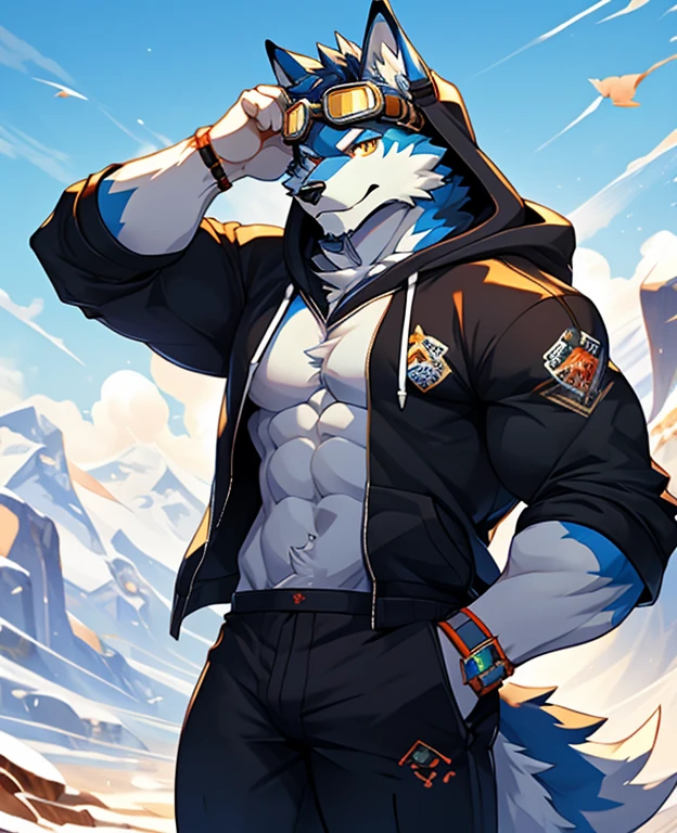 masterpiece, Solitary, Furry wolf, White with blue fur, Amber eyes, Zhongfa, Medium to light muscle, Cool pose, charming, Handsome, nice, hoodie,white underwear, black pants,goggles, warm, comfortable.