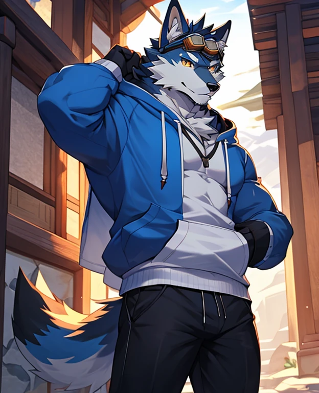 masterpiece, Solitary, Furry wolf, White with blue fur, Amber eyes, Zhongfa, Medium to light muscle, Cool pose, charming, Handsome, nice, hoodie,white underwear, black pants,goggles, warm, comfortable.