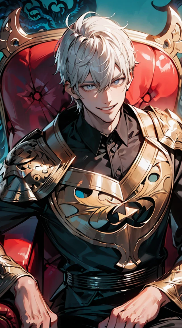 (Detailed dragon background:1.5)、Official art、(Beautifully Aesthetic:1.2)、(Light shining)、(Sit in a plush chair:1.5)、(Handsome men:1.4)、(villain pose)、(Man 6 feet tall)、(confident grin:1.2)、、Short hair、grey  eyes、Toned body、muscular male、(White hair)、(Top image quality)、(8K picture quality)、(masutepiece)、cinematric light, Cinema Shadow, Sharp Image, Extremely detailed, Volumetric,  beautiful effects, Vivid colors,  Highly detailed image textures, detailed hairs, Detailed eyes,  Dark hair