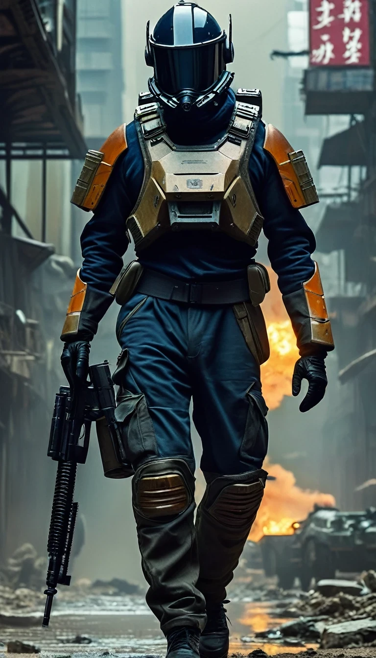 (Character Design), Science Fiction "District 9" Star Cowboys, (Full Body), Movie Poster, The main character of the science fiction novel "District 9", Qin Yu, is wearing a black combat suit with a dark blue sweater leaking out of the collar (underneath he wears a pair of dark cotton pants, and a pair of rounded cloth shoes for his feet). Wearing a worn-out overcoat, the combat suit is made of wear-resistant and waterproof material, the combat suit is equipped with bulletproof undershirt, helmet, goggles and other protective equipment, and is also equipped with pistols, rifles, grenades, medical kits, and other kinds of equipment and tools; his hair is very short, and the color of stalwartness comes through between his eyebrows, he is tall, with broad shoulders, and his skin is a healthy bronze color, with well-defined muscles, his eyes are deep and bright, and the color of stalwartness comes through between his eyebrows. Between them there was an aura of fortitude and courage. Qin Yu's features were three-dimensional and deep. His nose was high and straight, and his lips were well-defined, making him both tough and bold. His hair was short and thick, always meticulously combed, and in the background: the interstellar lands were devastated after the cataclysmic
sci-fi,dark fantasy,impossible,visual exaggeration,nostalgiacore,post cyberpunk,futuristic,invasion,sci-fi,movie poster,image from the works of Wong Kar-Wai by Edward Curtis,intense atmosphere,high detail,ultra-high quality,high-resolution,trends on artstation,hi-definition,16K,depth-of-field (dof),cinematographic footage,film Lighting,