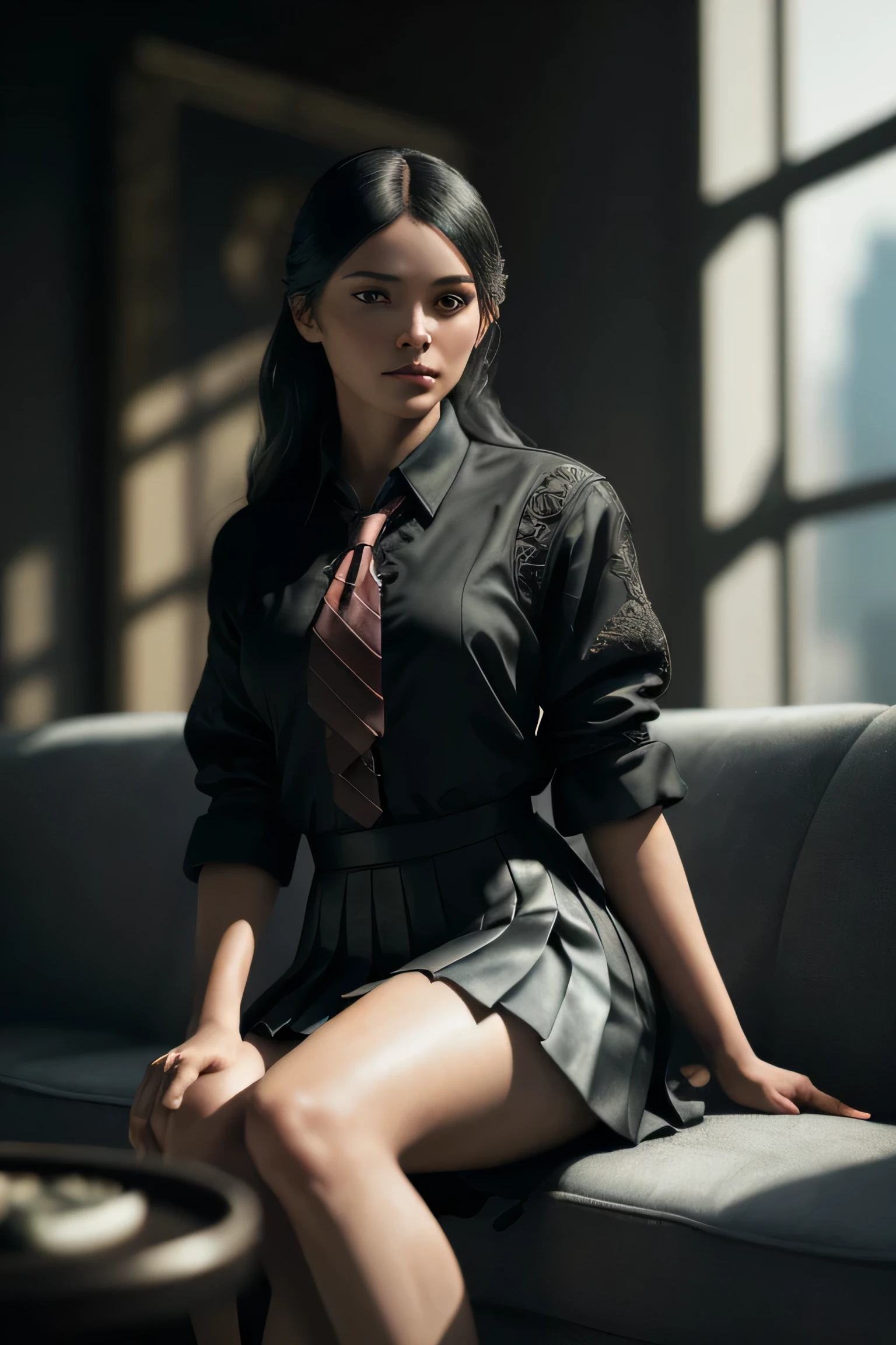 (masterpiece), (extremely intricate:1.3), (realistic), portrait of a girl, (dark fantasy, gore), (dynamic perspective), the most beautiful in the world, (kick viewers), indoors, from below, shirt, tie, pleated skirt, high-heeled sandals, smirk, sitting on the couch, Hirosaki, Aomori, professional photograph of a stunning woman detailed, sharp focus, dramatic, award winning, cinematic lighting, octane render unreal engine, volumetrics dtx, (film grain, blurry background, blurry foreground, bokeh, depth of field)