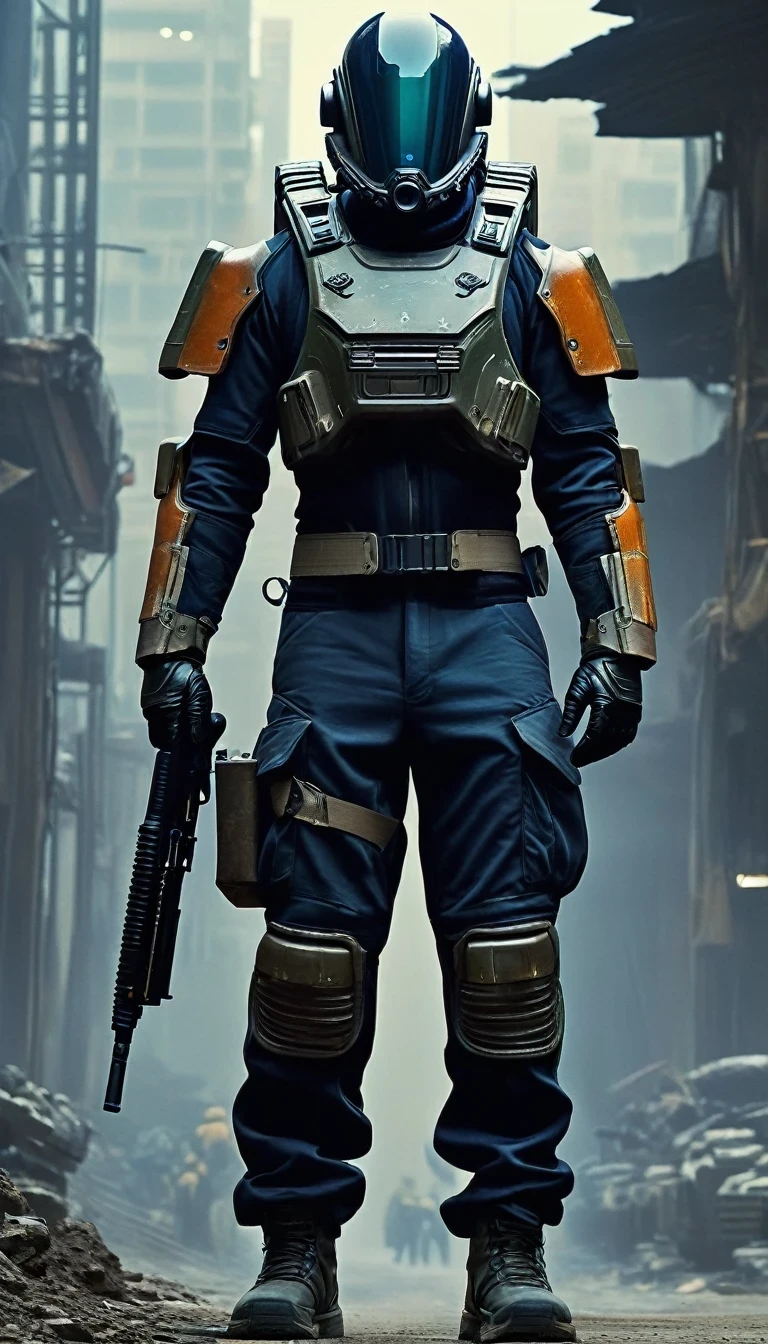 (Character Design), Science Fiction "District 9" Star Cowboys, (Full Body), Movie Poster, The main character of the science fiction novel "District 9", Qin Yu, is wearing a black combat suit with a dark blue sweater leaking out of the collar (underneath he wears a pair of dark cotton pants, and a pair of rounded cloth shoes for his feet). Wearing a worn-out overcoat, the combat suit is made of wear-resistant and waterproof material, the combat suit is equipped with bulletproof undershirt, helmet, goggles and other protective equipment, and is also equipped with pistols, rifles, grenades, medical kits, and other kinds of equipment and tools; his hair is very short, and the color of stalwartness comes through between his eyebrows, he is tall, with broad shoulders, and his skin is a healthy bronze color, with well-defined muscles, his eyes are deep and bright, and the color of stalwartness comes through between his eyebrows. Between them there was an aura of fortitude and courage. Qin Yu's features were three-dimensional and deep. His nose was high and straight, and his lips were well-defined, making him both tough and bold. His hair was short and thick, always meticulously combed, and in the background: the interstellar lands were devastated after the cataclysmic
sci-fi,dark fantasy,impossible,visual exaggeration,nostalgiacore,post cyberpunk,futuristic,invasion,sci-fi,movie poster,image from the works of Wong Kar-Wai by Edward Curtis,intense atmosphere,high detail,ultra-high quality,high-resolution,trends on artstation,hi-definition,16K,depth-of-field (dof),cinematographic footage,film Lighting,