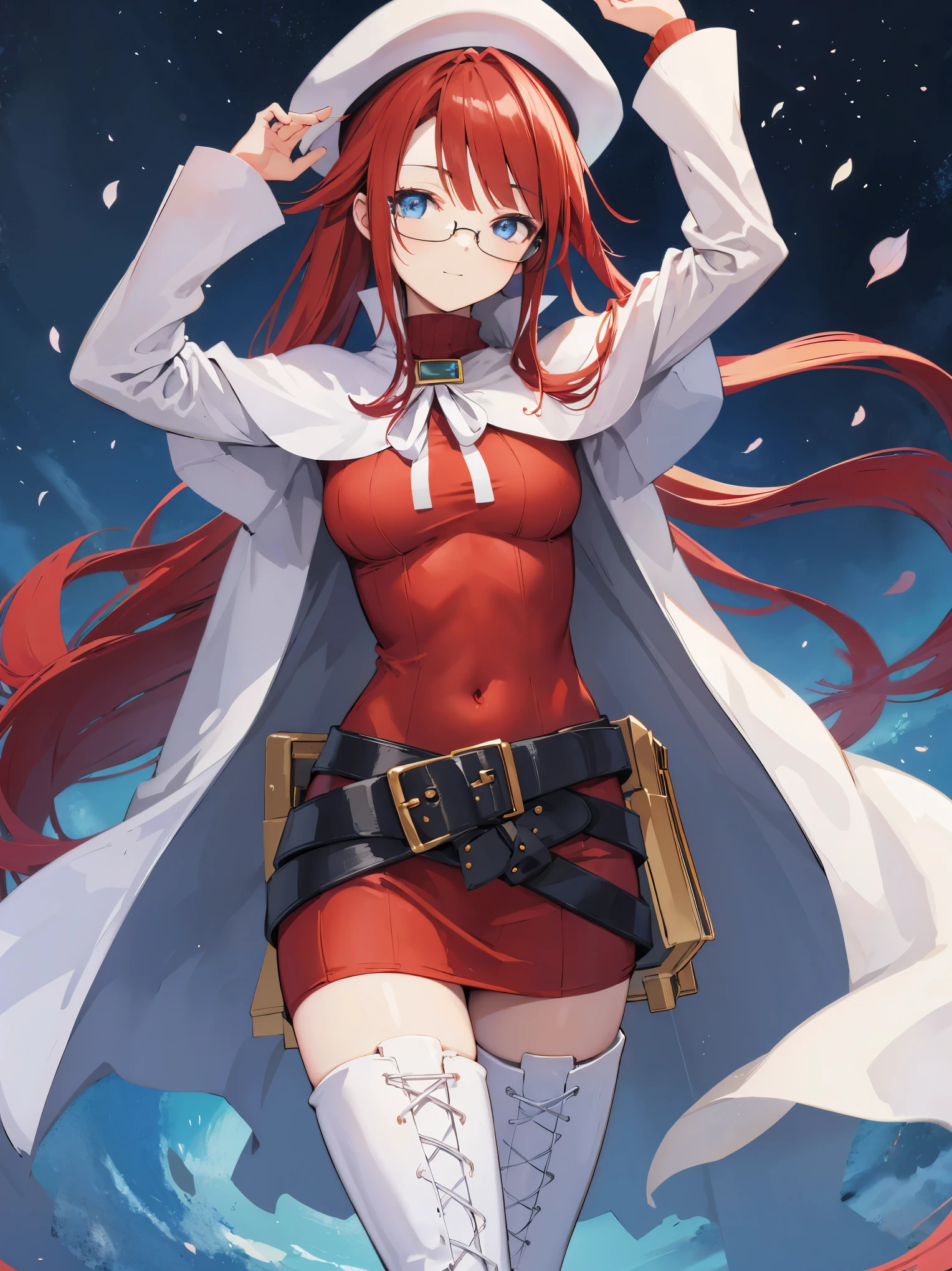 summonnightaty, aty, (young:1.3),long hair, blue eyes, red hair, large_beret, hat, glasses,
BREAK long hair, thighhighs, hat, dress, boots, glasses, belt, cape, sweater, zettai ryouiki, beret, thigh boots, white footwear, ribbed sweater, loose belt,solo,
BREAK outdoors, fantasy,on_beach
,Highquality_hads,perfect_fingers,
BREAK (masterpiece:1.2), best quality, high resolution, unity 8k wallpaper, (illustration:0.8), (beautiful detailed eyes:1.6), extremely detailed face, perfect lighting, extremely detailed CG, (perfect hands, perfect ???????),covered_nipples,covered_navel ,half_eyes,long_sword,sleepy,standing,red_sweater,apart_knees,magical_effect,spread_legs, have_a_book,teacher,rise_knee,Smile,rise_hand,look_down_viewer,spread_arms,