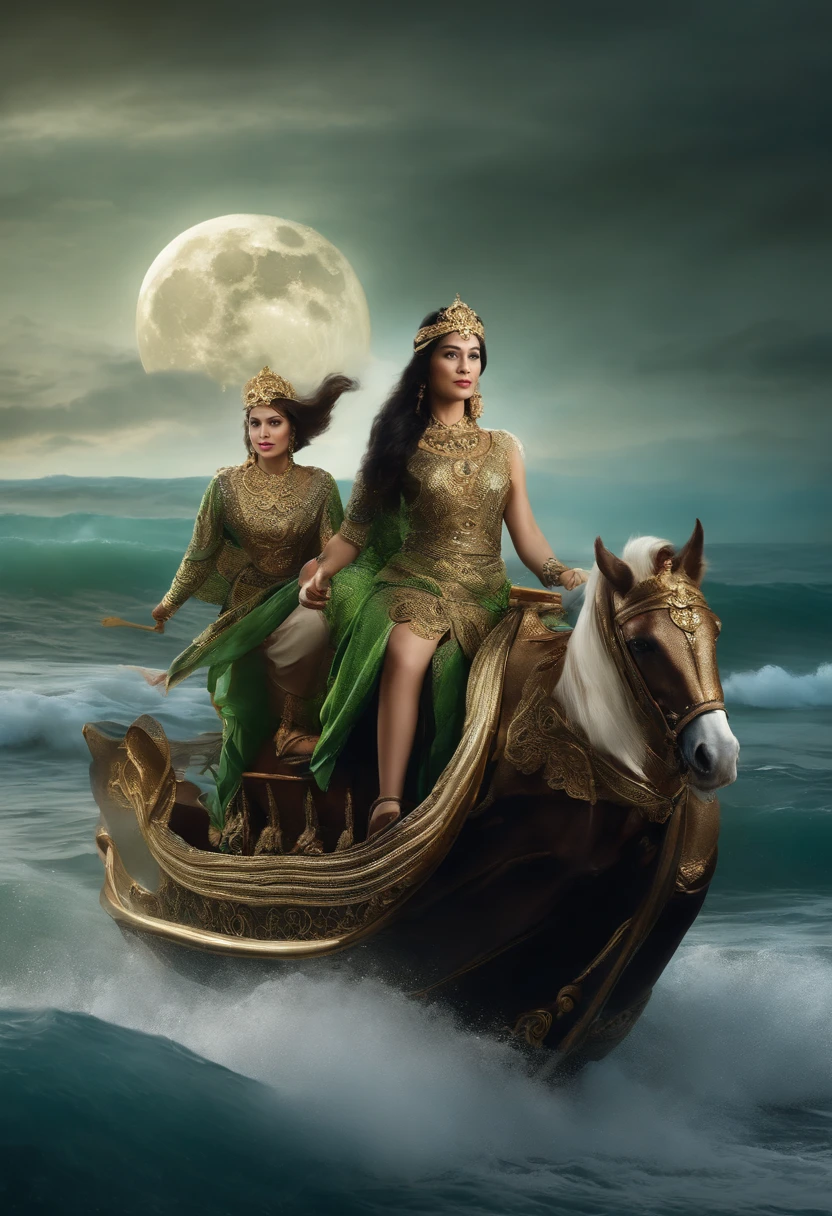 create a realistic close-up photo showing the figure of the queen from Indonesia who came from another dimension appearing in the middle of the blue sea. She is very graceful, beautiful, and recognized. long hair wearing a small crown. Strands of jasmine flowers are woven from behind the ear to the chest, ending with a kantil flower. wearing a green tank top with Javanese carved motifs made from gold sequins. green silk shawl, black belt decorated with carved gold sequin motifs, wearing a batik sarong with small, intricate white and black motifs. Sitting on a chariot carved with two golden circle-shaped dragons, with the left hand positioned in front of the chest and the right hand waving and holding a silk scarf, the horse and chariot run across the water with magic. The background of sea waves, full moon, eerie atmosphere and thunderstorm, full of mysticism. The images presented are super realistic, natural, Concept Art, with super HD/400dpi quality.