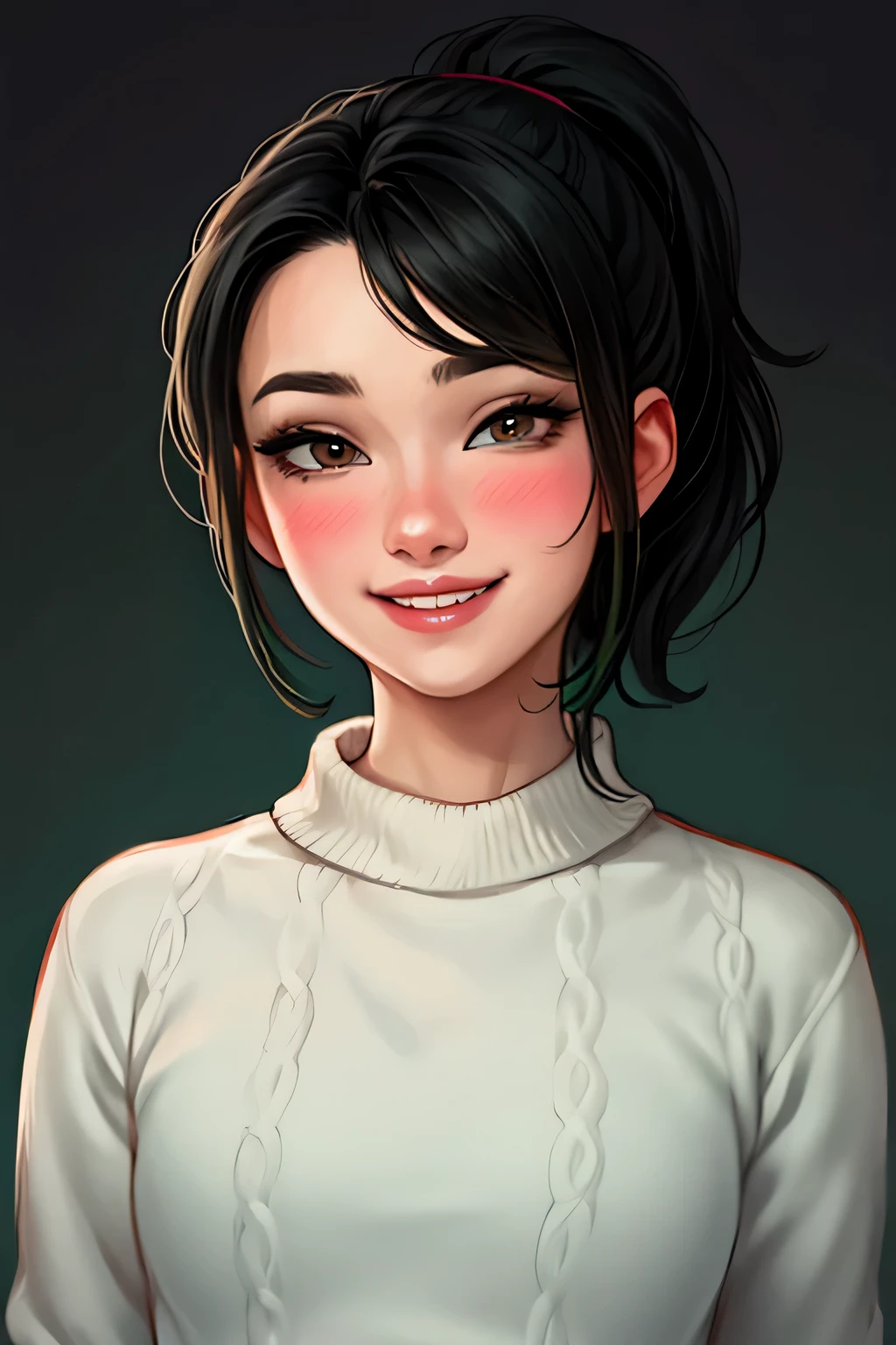 Amazing portrait of a sexy woman wearing her luscious black hair in a cute ponytail, seductively gazing and smiling, soft lips, parted, blushing intensely, smiling, dark green sweater, cream cargo pants, medium chest, perfect body