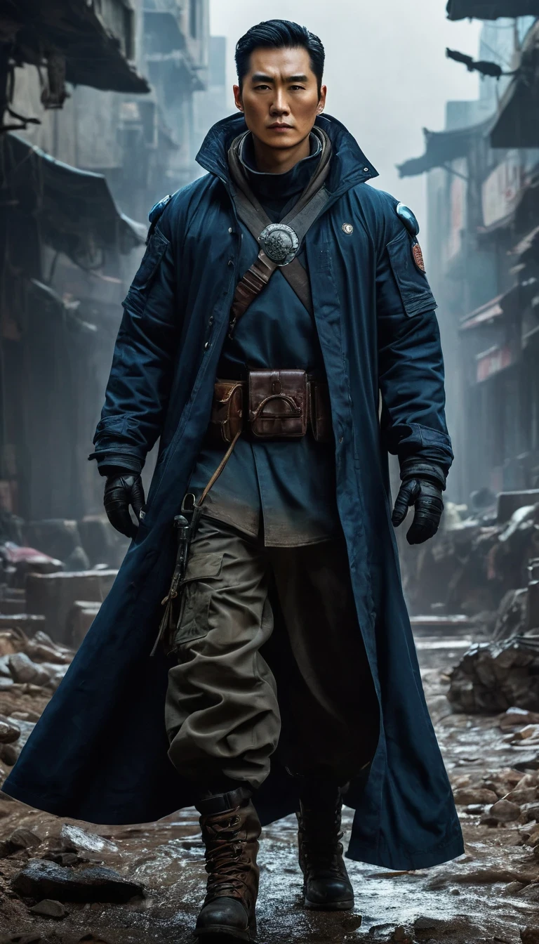 movie poster of (Character Design), Star Cowboy, (Full Body), Qin Yu, the hero of science fiction novel "Ninth Special Zone", is wearing a black combat coat with a dark blue sweater leaking from the neckline (wearing a pair of dark cotton trousers and a pair of round cloth shoes at his feet). The combat uniform is made of wear-resistant and waterproof materials to ensure that the wearer can remain comfortable and dry under harsh weather and terrain conditions. In addition, combat uniforms are usually equipped with protective equipment, such as bulletproof vests, helmets, goggles, etc., to protect the wearer from injury, and combat uniforms are also equipped with various equipment and tools, such as pistols, rifles, grenades, medical kits, etc., so that the wearer can quickly respond to various situations in battle. His hair is very short, his eyebrows show a strong color, he is tall, broad shoulders, his skin shows a healthy bronze, muscle lines, wearing a shabby coat, giving people a feeling of both down and out and tough, his eyes are deep and bright, as if they can see into the hearts of the people, his eyebrows show a sense of firmness and courage. Qin Yu's facial features are three-dimensional and deep. His nose is high and his lips are well-defined, which makes him both resolute and resolute. His hair was short and thick, always meticulously combed, and the background: the interstellar land was devastated and chaotic after the catastrophe.,Matte Painting,Science Fiction,Dark Fantasy,Impossible,Visual Exaggeration, Nostalgiacore,Postcyberpunk,Futuristic, Invasion, Sci-fi, Movie Poster,The picture is from Wong Kar-wai's work, by Edward Curtis,Intense Atmosphere, high detail,hyper quality,high resolution,trending on artstation,HD,16K,depth of field (dof),cinematic shot,film lighting,