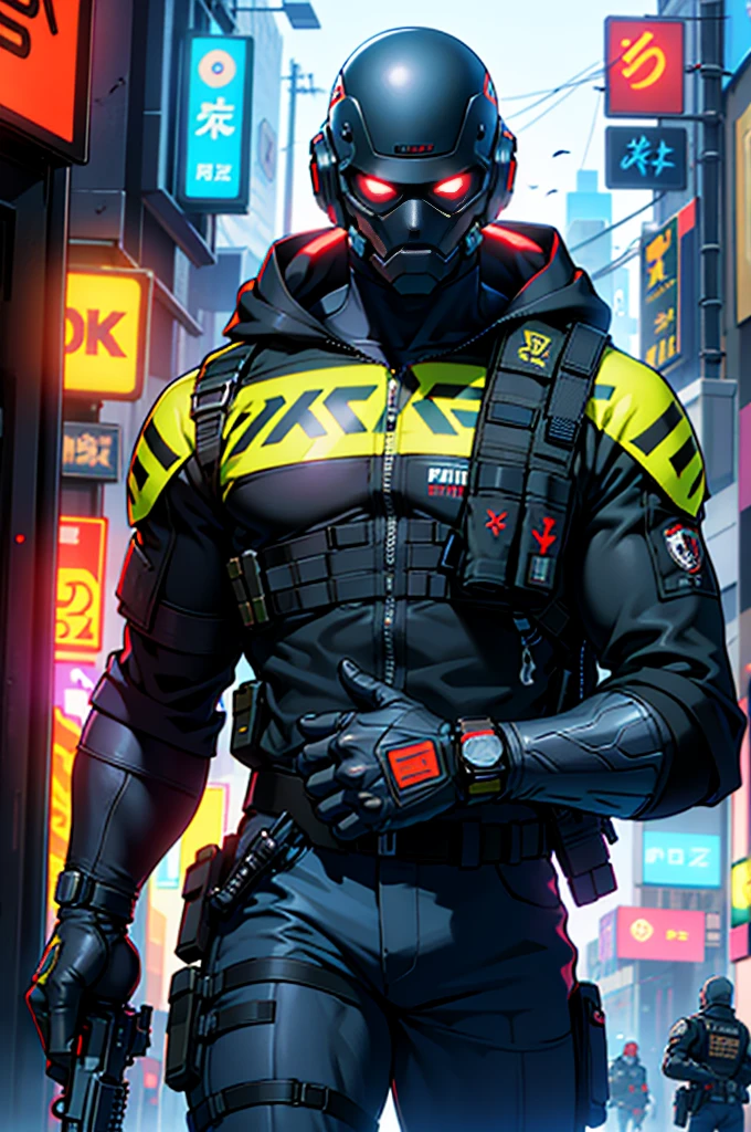 2man,heavily armed police,MaxTac, or Maximum Force Tactical Division, in "Cyberpunk 2077" are elite law enforcement units tasked with maintaining order in Night City. They are known for their advanced cybernetic enhancements, heavily armored exoskeletons, and high-tech weaponry. MaxTac operatives are highly trained and equipped to handle the most dangerous situations, often operating with ruthless efficiency to neutralize threats. They are a formidable presence in the city, feared by criminals and civilians alike for their unwavering commitment to enforcing the law.holding a gun,black helmet,cyberpunk downtown,Control the area,