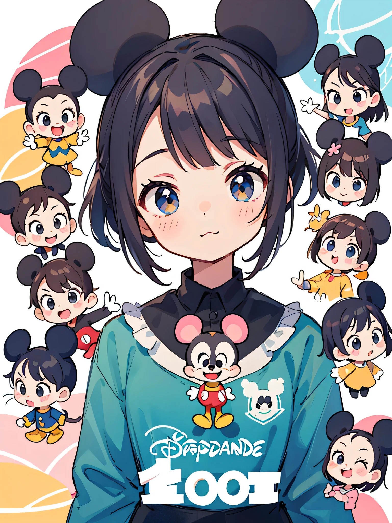 Momoko Sakura style, Kawaii Design, (((10 people)))、most beautiful girl ever、Chibi, Colorful bob hair、((Lots of friends))、Disneyland for everyone、Mickey Mouse