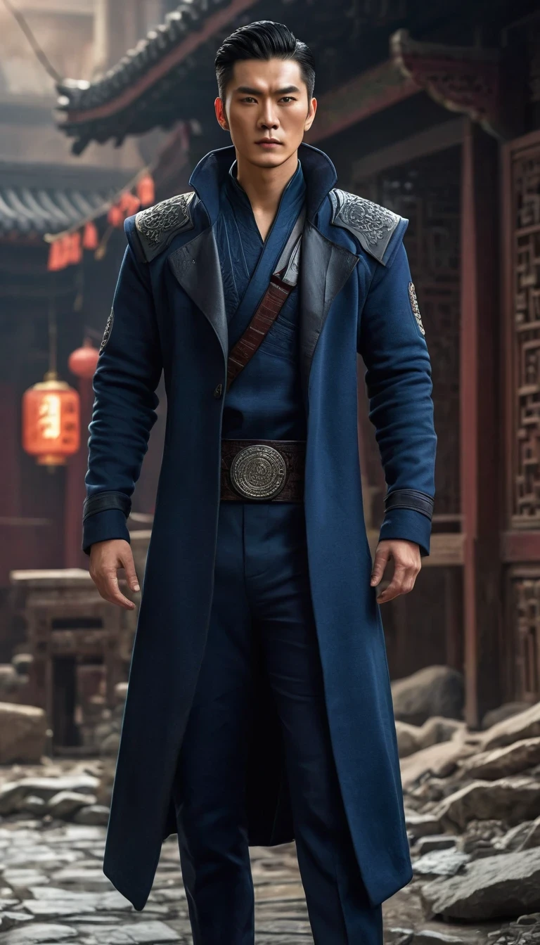 Surrealism, UHD, masterpiece, ccurate, textured skin, super detail, high details, high quality, award winning, best quality, highres, 16k,
(role conception),Intergalactic cowboy,(whole body),《9th Special District》The science fiction hero Qin Yu is wearing a black combat coat,The dark blue sweater is visible at the neckline,(Wearing a pair of dark cotton pants,Wearing a pair of round-toed cloth shoes),His hair is very short,There is a firm look in his brows. He is tall.,with broad shoulders,His skin appears a healthy bronzer,Well defined muscles,Wearing a worn-out coat,Gives a feeling of both desolation and tenacity,His eyes are deep and bright,As if I can see into people's hearts,There is a firmness and courage between his eyebrows。Qin Yu's facial features are three-dimensional and profound,His nose is high,The lips are well defined,Appears both resolute and determined。His hair is short and thick,Always comb your hair meticulously,background:The interstellar land after the catastrophe is devastated,Chaotic situation