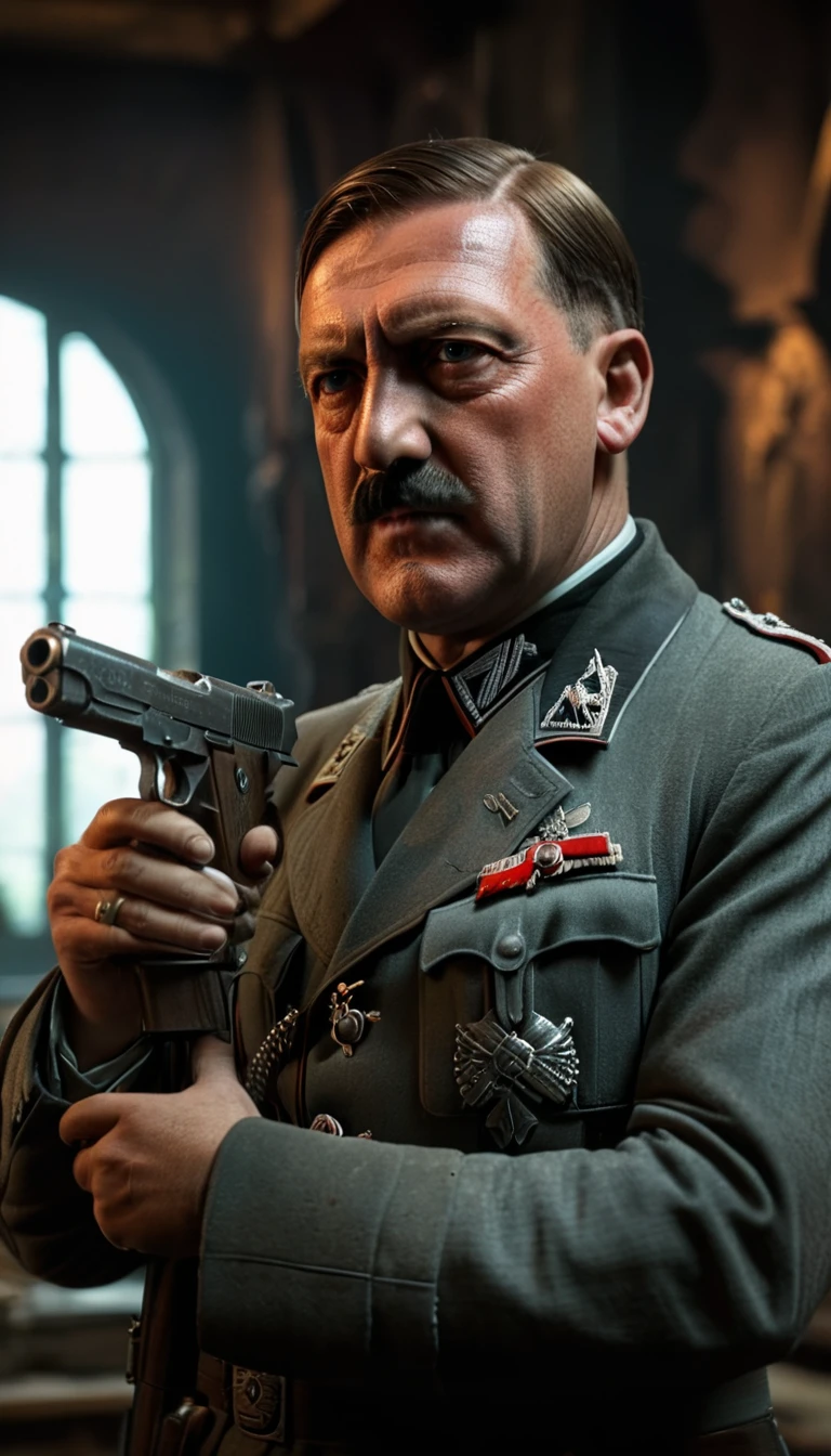 period piece masterpiece, Frame the shot to focus on Hitler's profile, with the pistol held to his temple, background cinematic, hyper realistic, ultra detailed hyper realistic, photorealistic, Studio Lighting, reflections, dynamic pose, Cinematic, historical accuracy, Color Grading, Photography, Shot on 50mm lens, Ultra-Wide Angle, Depth of Field, hyper-detailed, beautifully color, 8k