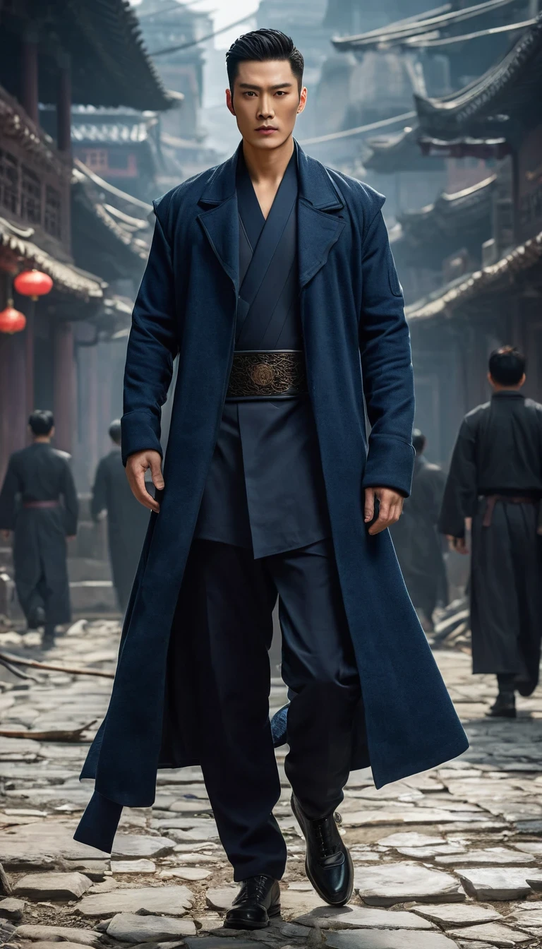 Surrealism, UHD, masterpiece, ccurate, textured skin, super detail, high details, high quality, award winning, best quality, highres, 16k，
（role conception），（whole body），《9th Special District》The science fiction hero Qin Yu is wearing a black combat coat，The dark blue sweater is visible at the neckline，Wearing a pair of dark cotton pants，Wearing a pair of round-toed cloth shoes。His hair is very short，There is a firm look in his brows. He is tall.，with broad shoulders，His skin appears a healthy bronzer，Well defined muscles，Wearing a worn-out coat，Gives a feeling of both desolation and tenacity，His eyes are deep and bright，As if I can see into people&#39;s hearts，There is a firmness and courage between his eyebrows。Qin Yu&#39;s facial features are three-dimensional and profound，His nose is high，The lips are well defined，Appears both resolute and determined。His hair is short and thick，Always comb your hair meticulously，background：The interstellar land after the catastrophe is devastated，Chaotic situation
