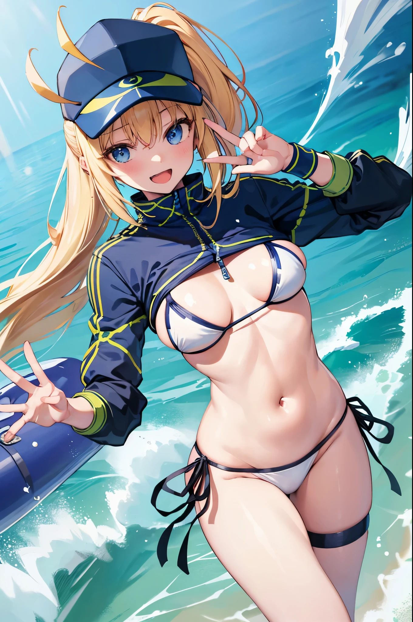 masterpiece,(ultra-detailed),1girl, mysterious e xx \(fe\), half_eyes,smile,open mouth, swimsuit, white bikini, side-tie bikini bottom, shrug \(clothing\), jacket,  thigh strap, wristband,  large_breasts, splashing,blonde_ponytail,open_legs,cap,happiness,dynamic_jumping