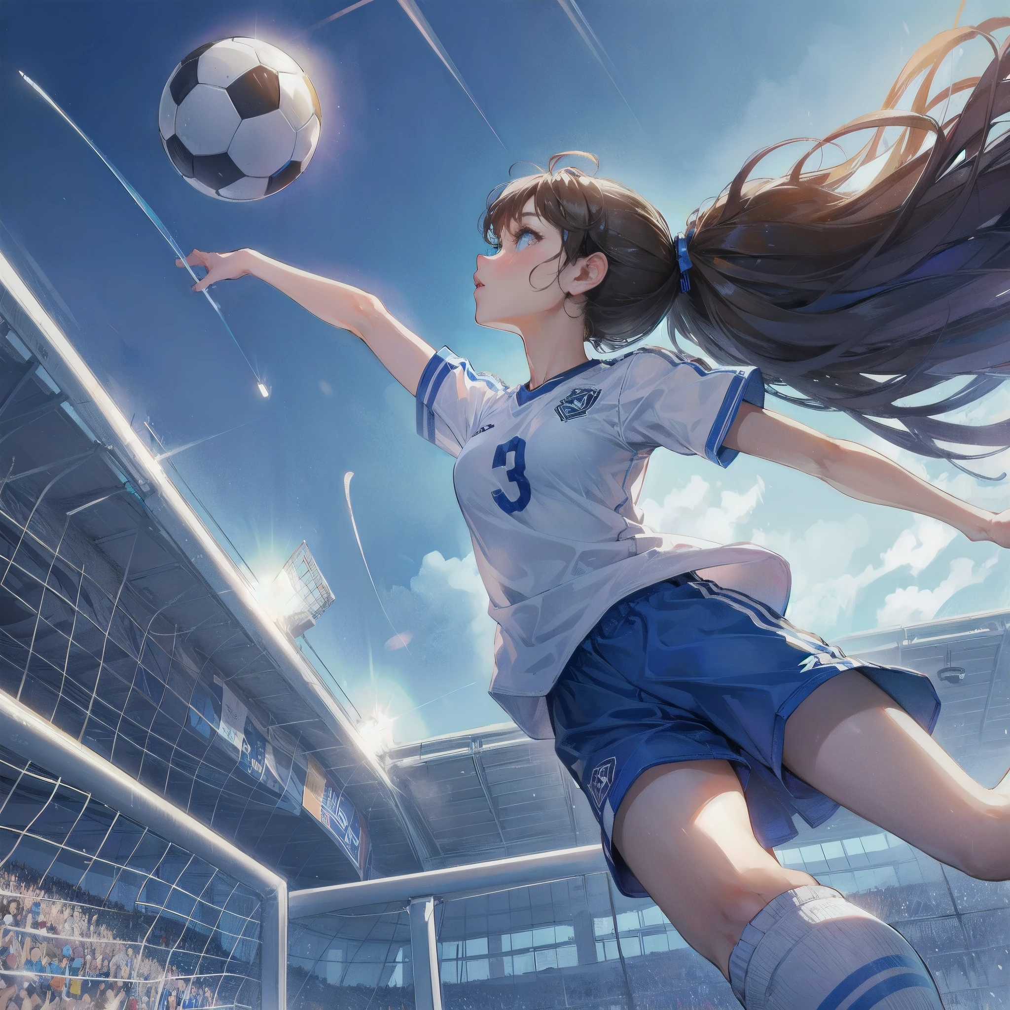 high quality,HD,16k,sharp lines,1 girl,Female soccer athlete ,cute face, large breasts, nice legs,At the soccer venue,focus girl,detailed beautiful face,detailed clothes,beautiful eyes,cool,dynamic angle