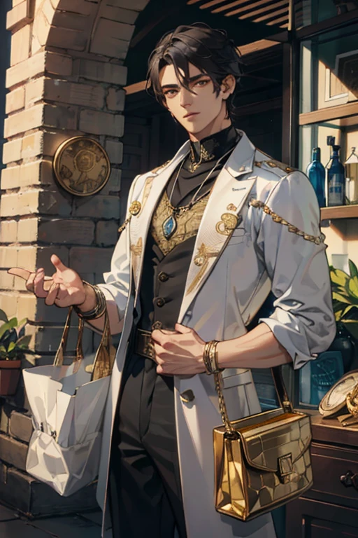 masterpiece, best quality, 1 male, adult, tall muscular, handsome, finely detailed eyes, intricate details, merchant, gold chain with coin, coin bag, a desert bazar