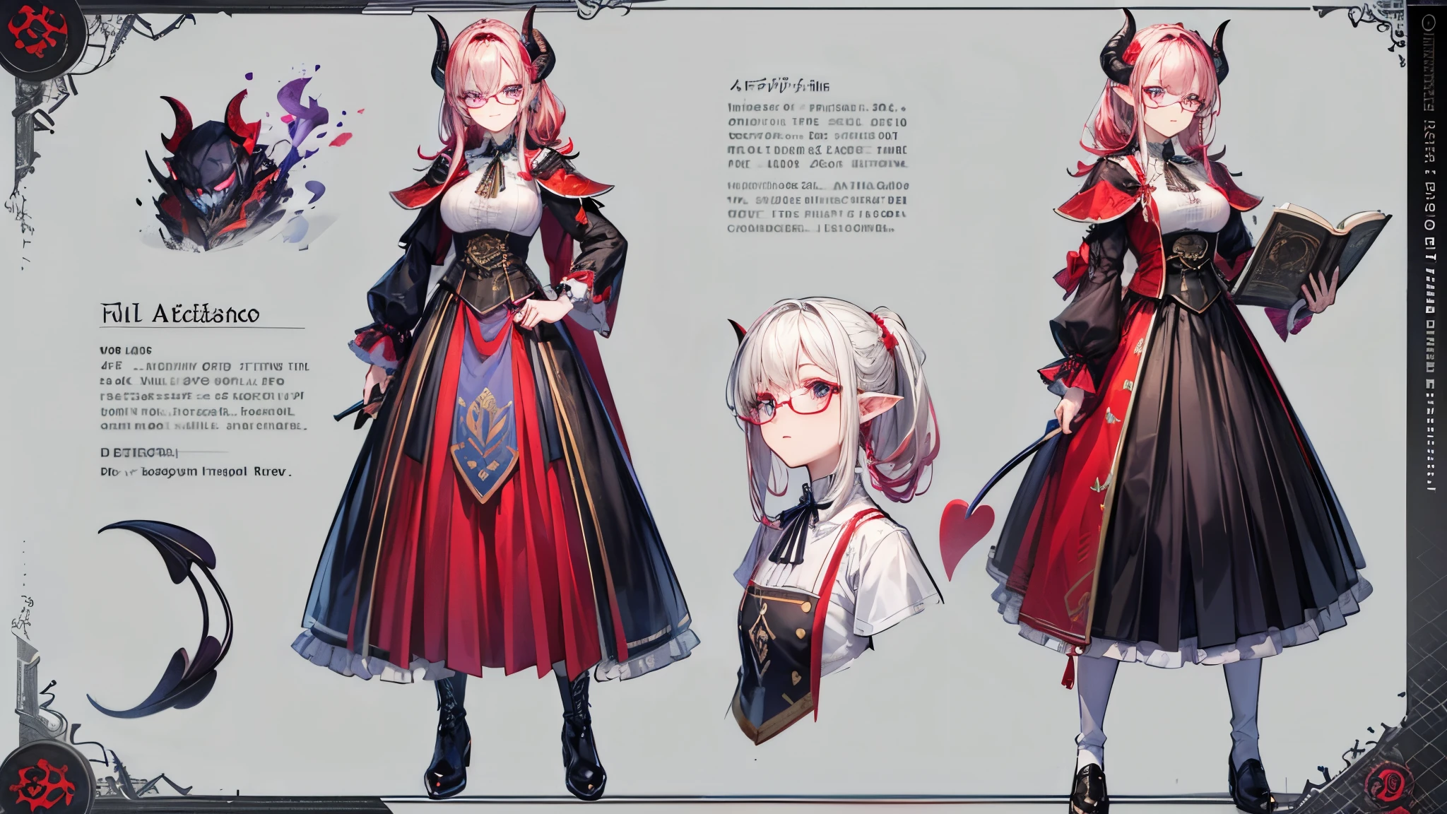 (Masterpiece, best quality), detailed, character sheet, many items (the same person, medieval royal clothes, magic academy uniform, blouse, skirt, glasses, reading glasses, white boots, many parts), athletic, busty, demon, demon girl, detailed beautiful purple eyes, detailed face, pointy ears, red hair and white skin, braided ponytail, demon horns, full of details.