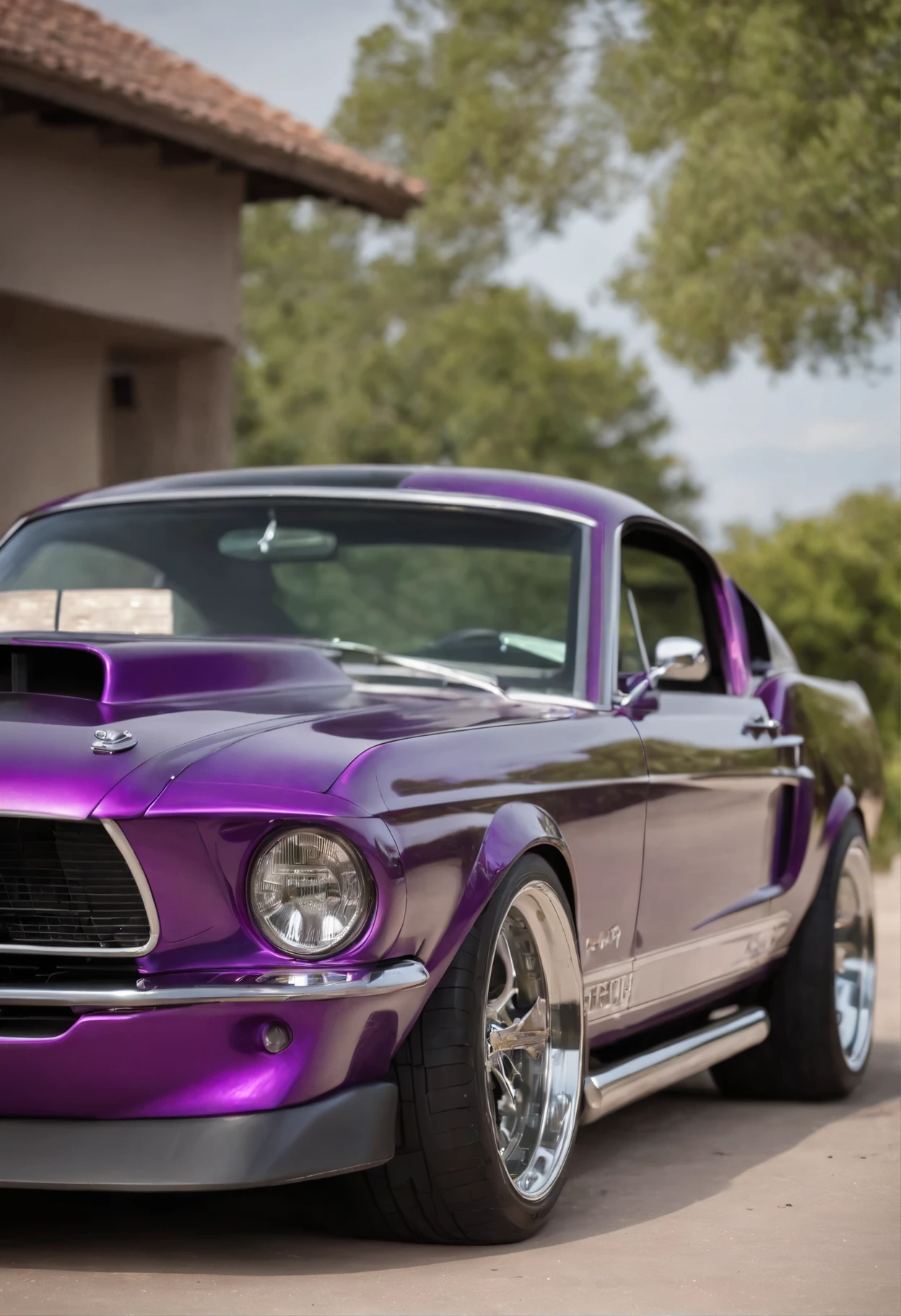 DIAGONAL CAMERA, imagem inteira de Uma linda garota de 18 anos dirigindo dentro de um mustang fastback  hot rod, COR roxo cromado METALICO reflexivo, METALLIC purple COLOR, Estilo Hotrod , estilo filme stalone cobra, a pintura reflete a luz do sol, reflexo do brilho da luz na pintura, tem roda cor roxa estrela, tem roda cor roxa estrela, rodas esportivas grossas e ridiculously largas e viradas, ridiculously lowered front suspension, dentro de uma garagem com paredes brancas, imagem em pose diagonal, obra prima, imagem enquadrada