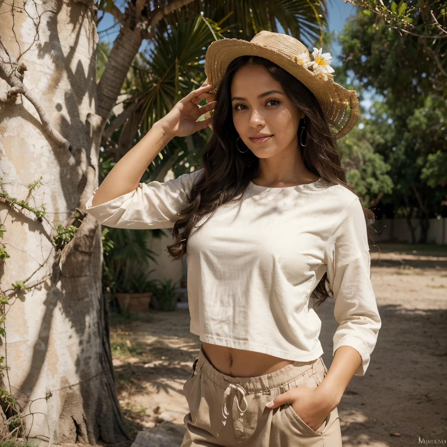 Mujer morena, pelo con ondas, maquillaje suave, sonrisa tenue, dressed in casual clothing beige pants, blusa blanca, rostro inclinado al cielo, de pie, in an attitude of worship, el un prado verde, con flores y mariposas, next to him a big tree 