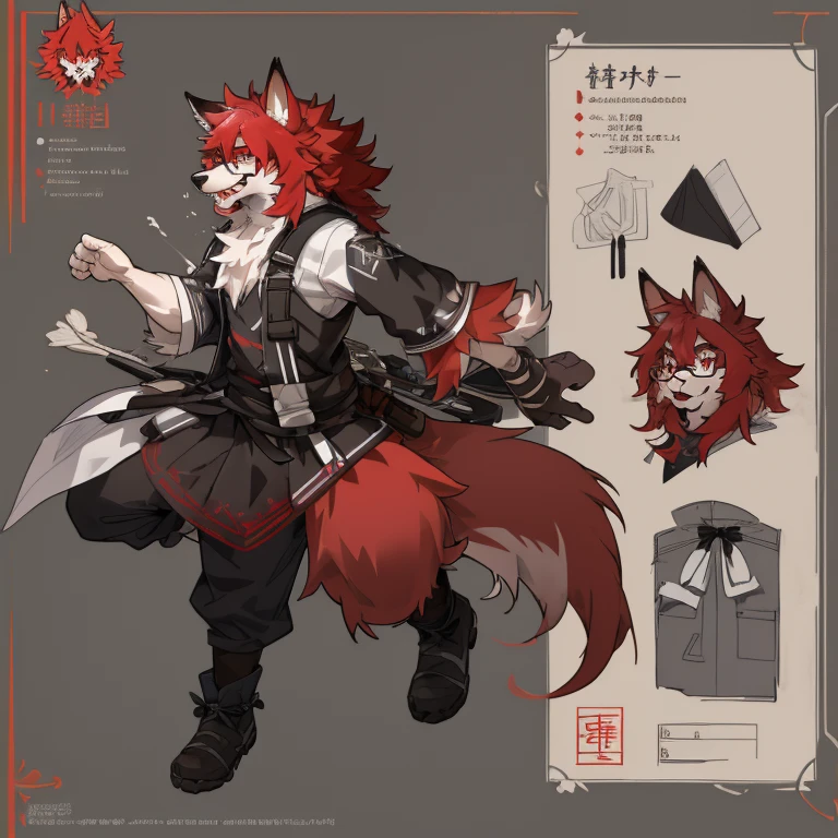 ((masterpiece)), (Ultra Detailed), (best quality), Detailed background, (Arknights style), (concept art, character sheet),absurd(Very detailed and beautiful face and eyes)Perfect anatomical structure ,wear glasses,Red hair all over the body, male wolf,short hair, Bright Eyes,The eyes are gray，With black bow，white belly，The tip of the tail is white，Meatballs Pink,hairy,hairy male ,Male focus,Hana Charcoal,(Full body fur, hairy尾巴, red fur,),long canine teeth，Fluffy all over
