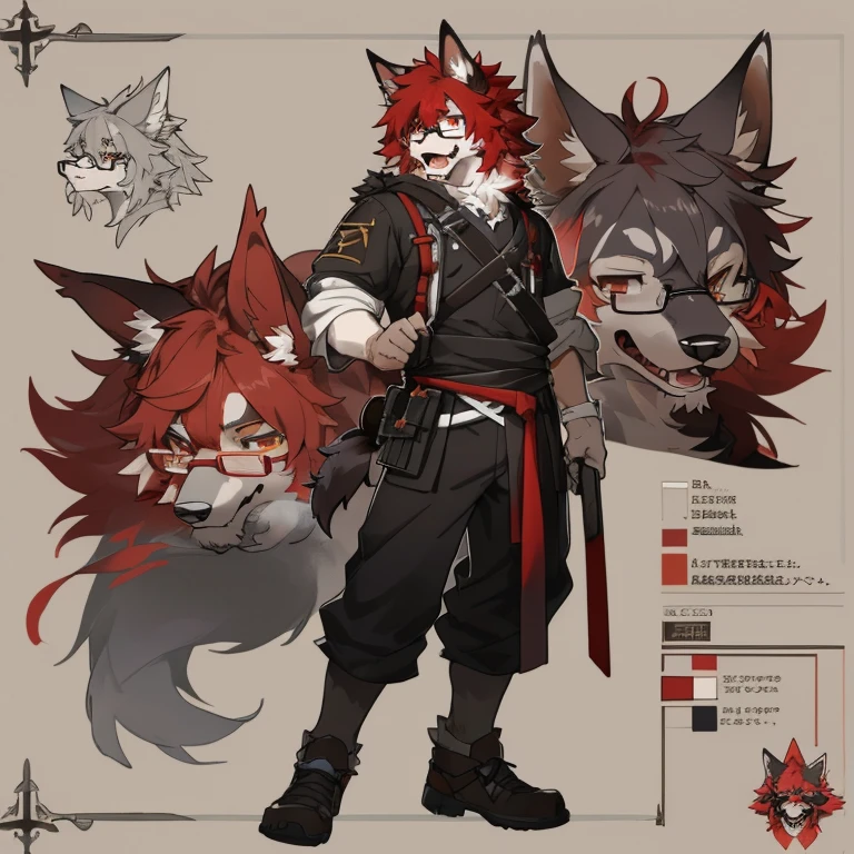 ((masterpiece)), (Ultra Detailed), (best quality), Detailed background, (Arknights style), (concept art, character sheet),absurd(Very detailed and beautiful face and eyes)Perfect anatomical structure ,wear glasses,Red hair all over the body, male wolf,short hair, Bright Eyes,The eyes are gray,With black bow,white belly,The tip of the tail is white,Meatballs Pink,hairy,hairy male ,Male focus,Hana Charcoal,(Full body fur, hairy尾巴, red fur,),long canine teeth,Fluffy all over
