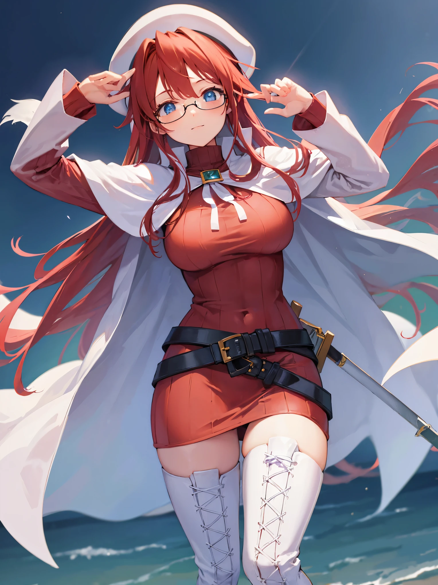 summonnightaty, aty, long hair, blue eyes, red hair, beret, hat, glasses,
BREAK long hair, thighhighs, hat, dress, boots, glasses, belt, cape, sweater, zettai ryouiki, beret, thigh boots, white footwear, ribbed sweater, loose belt,solo,
BREAK outdoors, fantasy,on_a_ship,
BREAK (masterpiece:1.2), best quality, high resolution, unity 8k wallpaper, (illustration:0.8), (beautiful detailed eyes:1.6), extremely detailed face, perfect lighting, extremely detailed CG, (perfect hands, perfect anatomy),covered_nipples,covered_navel,light_smile ,(half_eyes:1.4),sword,armpit,sleepy,dynamic_standing,barrel,red_sweater,apart_legs,magical_effect,pulmp,big_tits,