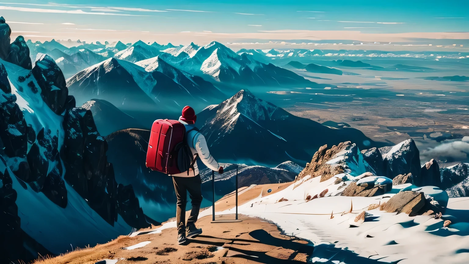 A college student drags a suitcase on the top of a mountain surrounded by mountains