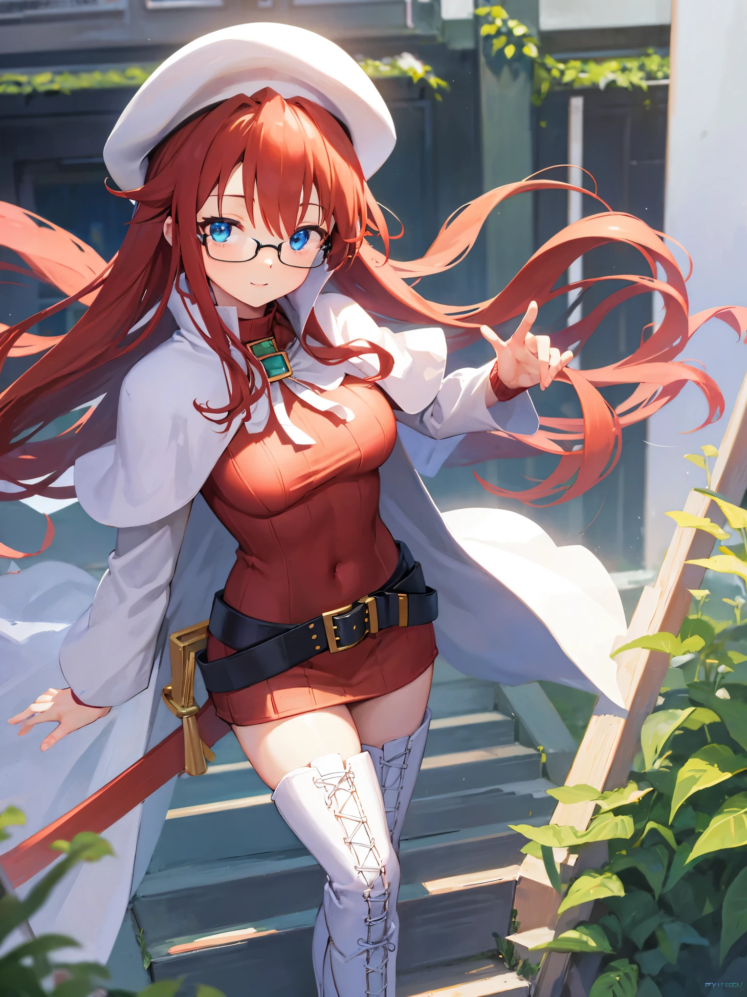 summonnightaty, aty, long hair, blue eyes, red hair, beret, hat, glasses,
BREAK long hair, thighhighs, hat, dress, boots, glasses, belt, cape, sweater, zettai ryouiki, beret, thigh boots, white footwear, ribbed sweater, loose belt,solo,
BREAK outdoors, fantasy,on_a_ship,
BREAK (masterpiece:1.2), best quality, high resolution, unity 8k wallpaper, (illustration:0.8), (beautiful detailed eyes:1.6), extremely detailed face, perfect lighting, extremely detailed CG, (perfect hands, perfect anatomy),covered_nipples,covered_navel,light_smile ,(half_eyes:1.4),sword,armpit,sleepy,dynamic_standing,barrel,red_sweater,apart_legs,magical_effect,pulmp,big_tits,