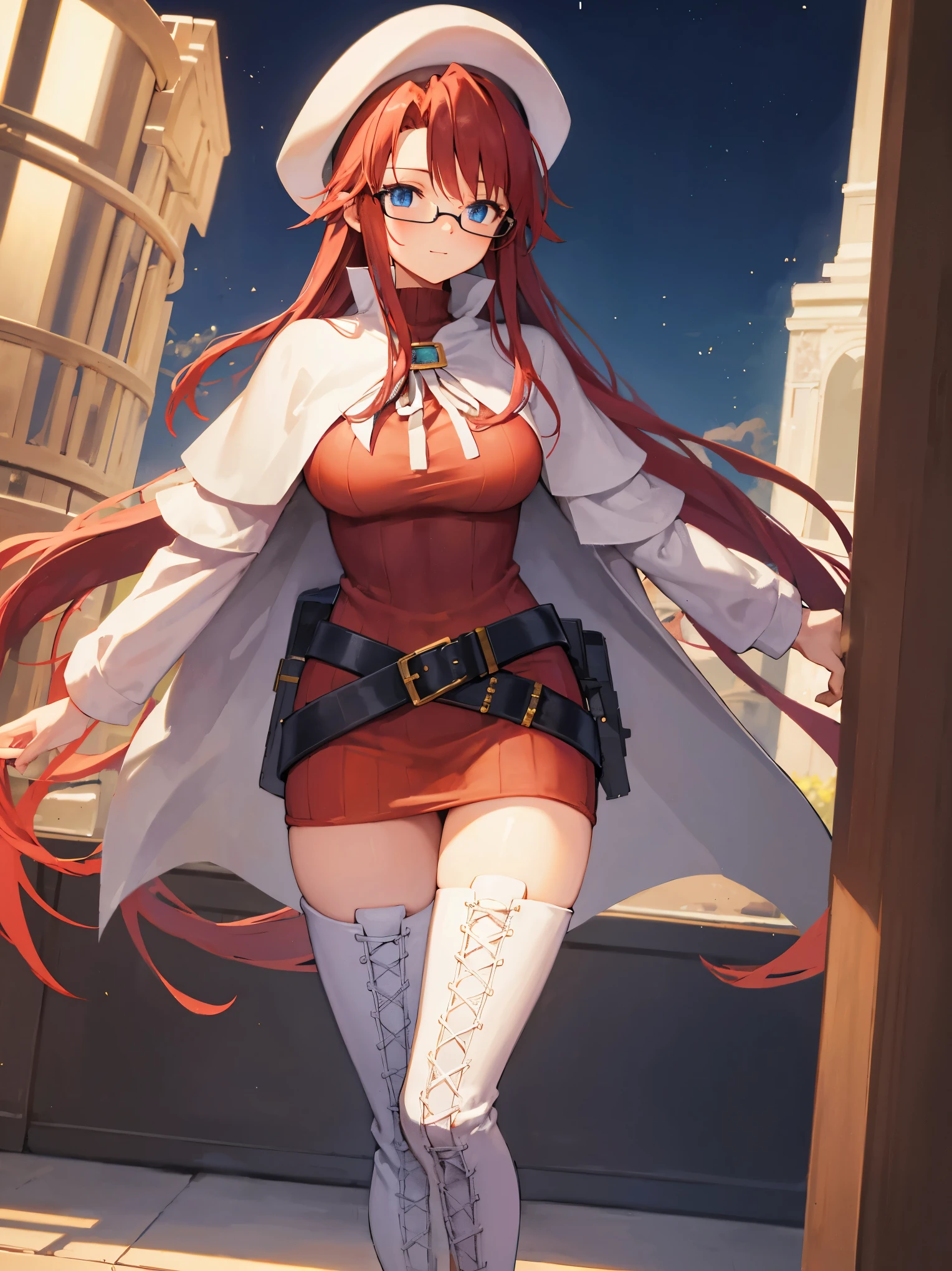 summonnightaty, aty, long hair, blue eyes, red hair, beret, hat, glasses,
BREAK long hair, thighhighs, hat, dress, boots, glasses, belt, cape, sweater, zettai ryouiki, beret, thigh boots, white footwear, ribbed sweater, loose belt,solo,
BREAK outdoors, fantasy,on_a_ship,
BREAK (masterpiece:1.2), best quality, high resolution, unity 8k wallpaper, (illustration:0.8), (beautiful detailed eyes:1.6), extremely detailed face, perfect lighting, extremely detailed CG, (perfect hands, perfect anatomy),covered_nipples,covered_navel,light_smile ,(half_eyes:1.4),sword,armpit,sleepy,dynamic_standing,barrel,red_sweater,apart_legs,magical_effect,pulmp,big_tits,