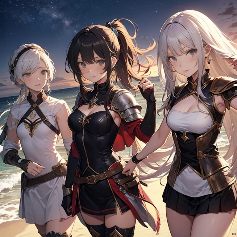 A group of female medieval fantasy adventurers, (in beach), various hair styles, harem, night, details face, short skirt, seducing, sleeveless, armor