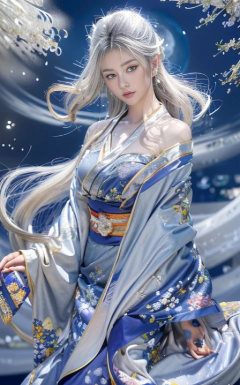 (Beautiful model appearing in Japanese kimono commercial, Beautiful silver mesh long hair swaying in the wind), (alone), ((face is 80% Beauty and elegance, 20% Beautiful and cute:1.5)), (Her roots are in Eastern Europe and Asia), Clear Eyes, (Fine grain, Light brown eyes, Bright pupils), double eyelid, (Slightly thick, sexy lips:1.2), Very detailed and incredibly high resolution silver long Kimono, Highly detailed facial texture, impressive body shape, curvaceous and very attractive woman, (The color of the long kimono is 95% Silver and 5% lapis lazuli:1.5), High resolution RAW color photo Professional photo, break ultra high-resolution textures, High-resolution body rendering, Big eyes, An unparalleled masterpiece, Incredible high resolution, Very detailed, Stunning Ceramic Skin, break (Wearing a shiny silver long garment of Rinpa, which uses plenty of Rinpa's silver color.), (The main color is Rinpa's shiny silver), (Exquisitely crafted classic Japan shiny silver long kimono), ((The embroidery pattern is a Japanese painting style of lapis lazuli birds, cloud, Mountain, river, And flowers)), (A lapis lazuli obi that matches this kimono), ((Long kimono in shiny silver with exquisite and elegant embroidery)), (The background is sparkling silver diamond dust emitted from the moon:1.5) break ((highest quality, 8K)), Sharp focus:1.2, (Layered Cut, big:1.2), (Beautiful woman with perfect figure:1.4), (Beautifully shaped breasts:1.3), Narrow waist, (Correct hand shape:1.5), (full body shot | Rear view)