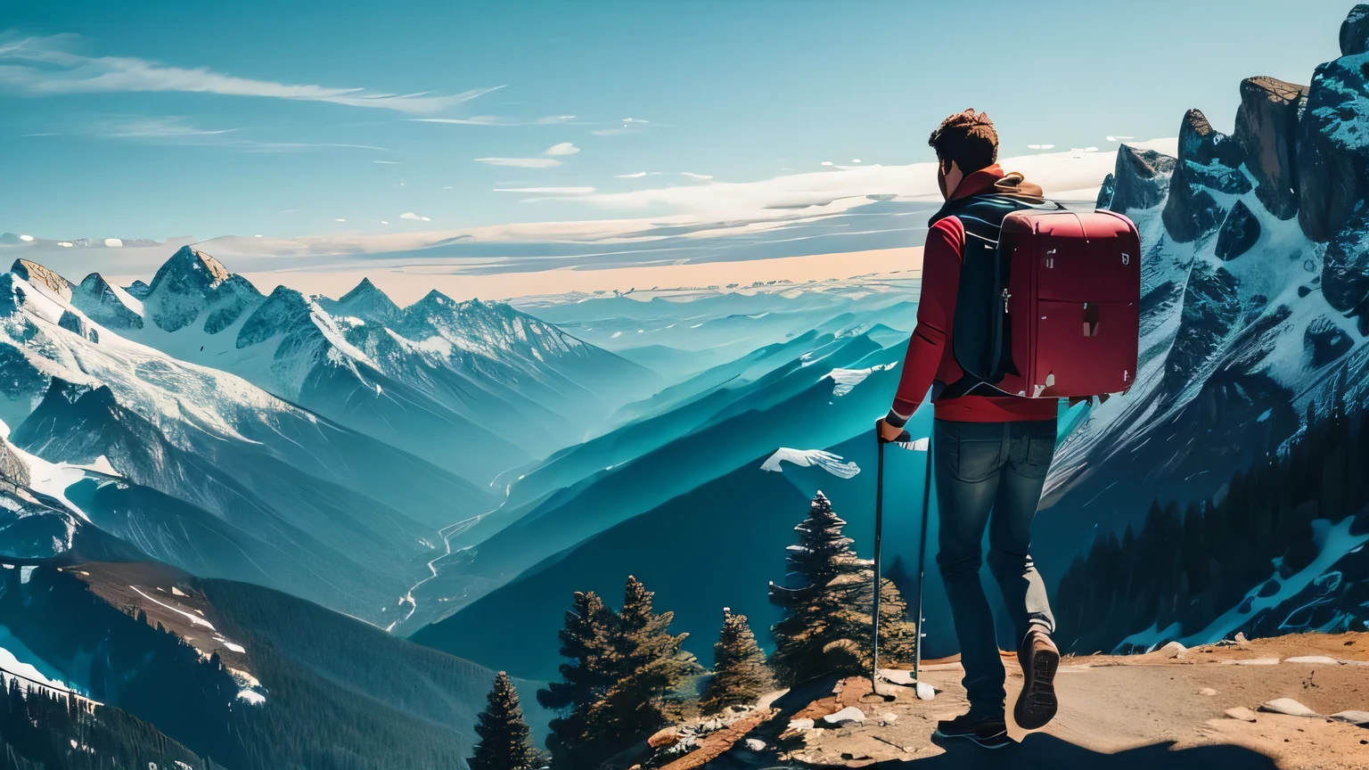 A college student drags a suitcase on the top of a mountain surrounded by mountains