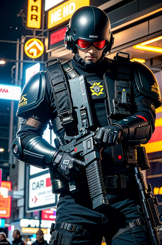 2man,heavily armed police,MaxTac, or Maximum Force Tactical Division, in "Cyberpunk 2077" are elite law enforcement units tasked with maintaining order in Night City. They are known for their advanced cybernetic enhancements, heavily armored exoskeletons, and high-tech weaponry. MaxTac operatives are highly trained and equipped to handle the most dangerous situations, often operating with ruthless efficiency to neutralize threats. They are a formidable presence in the city, feared by criminals and civilians alike for their unwavering commitment to enforcing the law.holding a gun,black helmet,cyberpunk downtown,Control the area,