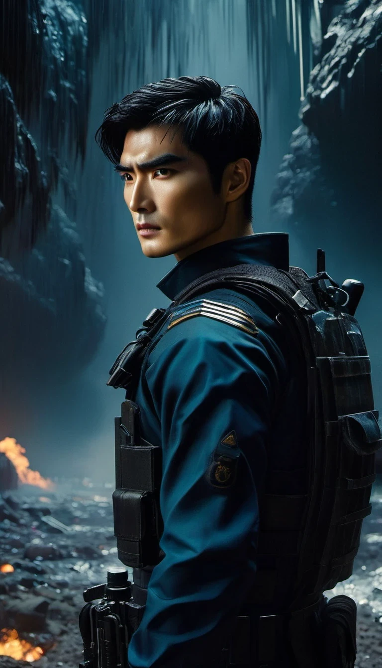 movie poster of (Character Design), Star Cowboy, (Full Body), Qin Yu, the hero of science fiction novel "Ninth Special Zone", is wearing a black combat coat with a dark blue sweater leaking from the neckline (wearing a pair of dark cotton trousers and a pair of round cloth shoes at his feet). The combat uniform is made of wear-resistant and waterproof materials to ensure that the wearer can remain comfortable and dry under harsh weather and terrain conditions. In addition, combat uniforms are usually equipped with protective equipment, such as bulletproof vests, helmets, goggles, etc., to protect the wearer from injury, and combat uniforms are also equipped with various equipment and tools, such as pistols, rifles, grenades, medical kits, etc., so that the wearer can quickly respond to various situations in battle. His hair is very short, his eyebrows show a strong color, he is tall, broad shoulders, his skin shows a healthy bronze, muscle lines, wearing a shabby coat, giving people a feeling of both down and out and tough, his eyes are deep and bright, as if they can see into the hearts of the people, his eyebrows show a sense of firmness and courage. Qin Yu's facial features are three-dimensional and deep. His nose is high and his lips are well-defined, which makes him both resolute and resolute. His hair was short and thick, always meticulously combed, and the background: the interstellar land was devastated and chaotic after the catastrophe.,Matte Painting,Science Fiction,Dark Fantasy,Impossible,Visual Exaggeration, Nostalgiacore,Postcyberpunk,Futuristic, Invasion, Sci-fi, Movie Poster,The picture is from Wong Kar-wai's work, by Edward Curtis,Intense Atmosphere, high detail,hyper quality,high resolution,trending on artstation,HD,16K,depth of field (dof),cinematic shot,film lighting,