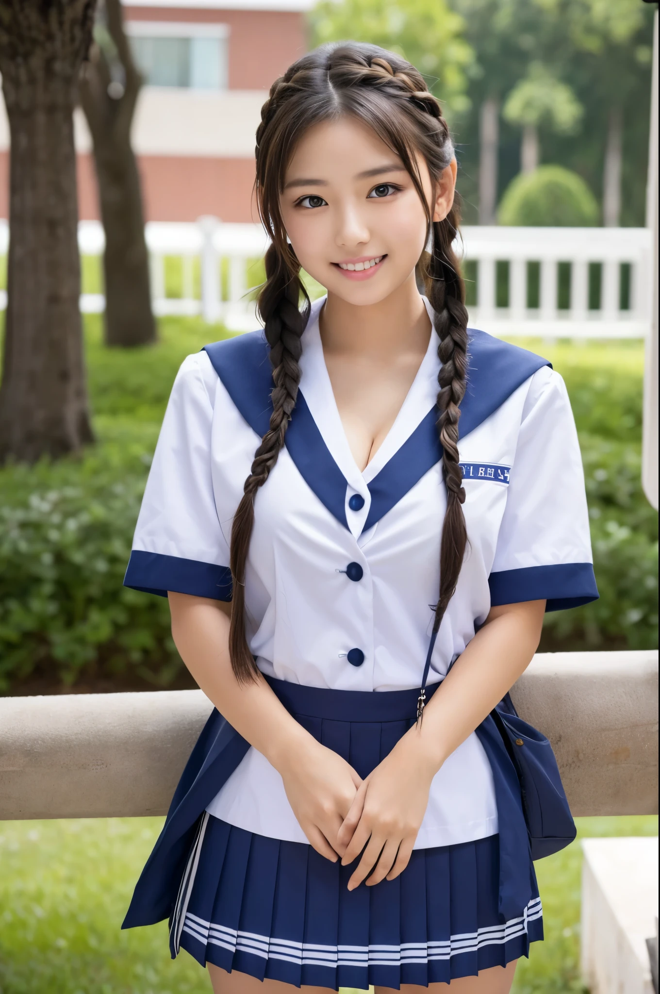 Highest resolution, 4k, masterpiece: 1.3), high school girl,uniform、18-year-old、 A photo of a woman, sexy: 1.1, ((Beautiful posture))、Big eyes, Cleavage、Thighs, realistic teeth, double eyelid, (Full Body),((Braided short tail)) highest quality, be familiar with, beauty, Adorable、 full body shot