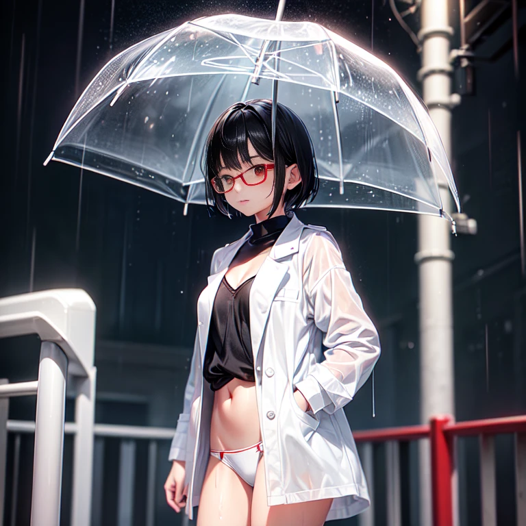  girlอายุ 14 ปี short hair, black hair, red eyes, , small, cute, standing in the rain, wet, big breasts, wear glasses, เสื้อชั้นในsmall, white panties, white coat,