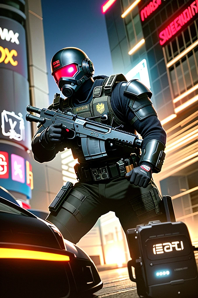 2men,heavily armed police,MaxTac, or Maximum Force Tactical Division, in "Cyberpunk 2077" are elite law enforcement units tasked with maintaining order in Night City. They are known for their advanced cybernetic enhancements, heavily armored exoskeletons, and high-tech weaponry. MaxTac operatives are highly trained and equipped to handle the most dangerous situations, often operating with ruthless efficiency to neutralize threats. They are a formidable presence in the city, feared by criminals and civilians alike for their unwavering commitment to enforcing the law.holding a gun,black helmet,cyberpunk downtown,Control the area,