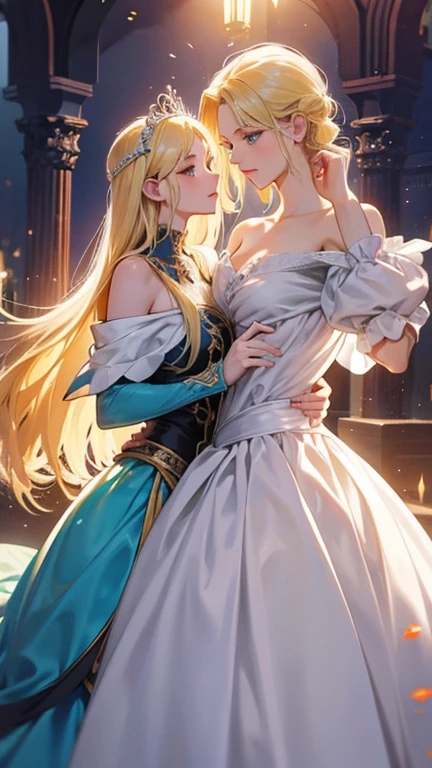 (masterpiece, highest quality, official art, beauty and aesthetic:1.5), oil painting by Leonardo da Vinci and Alfons Maria Mucha, (perfect anatomy), two gorgeous and stunning pale-skinned young pregnant goddesses is deeply in love with each other, kiss, fantastic make-up, jewelry, romantic atmosphere, flower and moon, magnificent panorama view