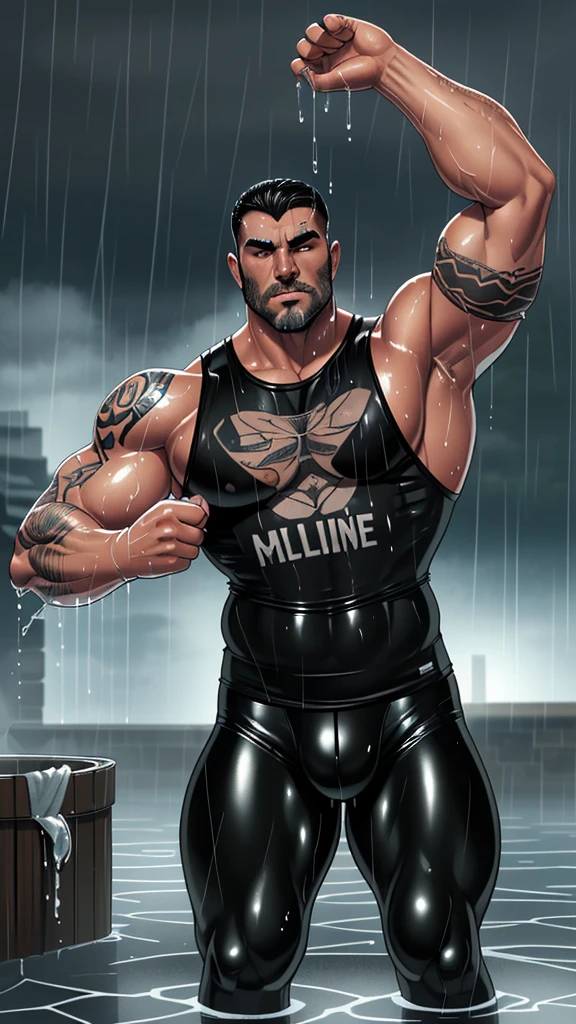 A muscular and tattooed burly man, wearing shiny black tights with a sleeveless t-shirt while soaking in water soaked by rain