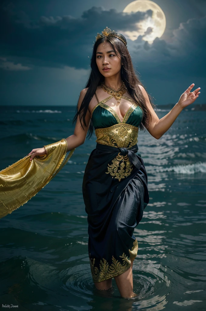 create a realistic close-up photo showing the figure of the queen from Indonesia who came from another dimension appearing in the middle of the blue sea. She is very graceful, beautiful, and recognized. long hair wearing a small crown. Strands of jasmine flowers are woven from behind the ear to the chest, ending with a kantil flower. wearing a green tank top with Javanese carved motifs made from gold sequins. green silk shawl, black belt decorated with carved gold sequin motifs, wearing a batik sarong with small, intricate white and black motifs. Sitting on a chariot carved with two golden circle-shaped dragons, with the left hand positioned in front of the chest and the right hand waving and holding a silk scarf, the horse and chariot run across the water with magic. The background of sea waves, full moon, eerie atmosphere and thunderstorm, full of mysticism. The images presented are super realistic, natural, Concept Art, with super HD/400dpi quality.