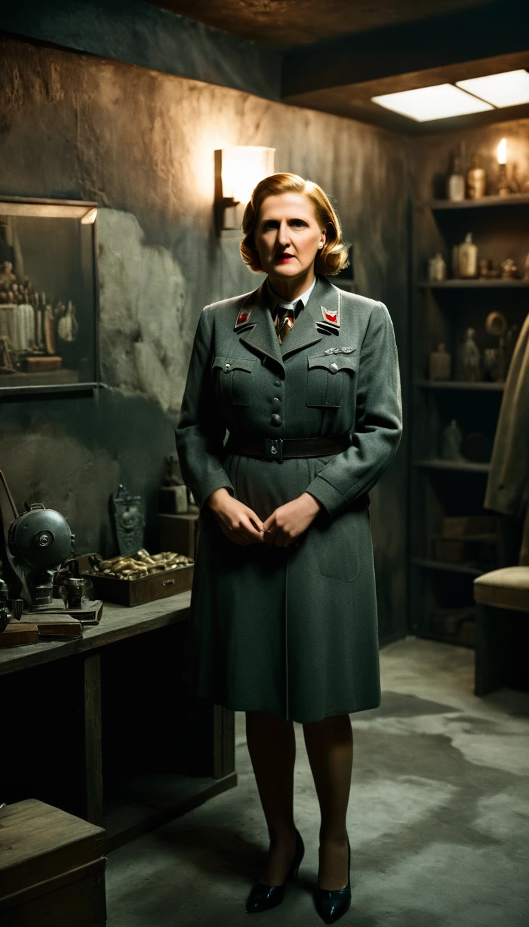 period piece masterpiece, Set the scene in the same dimly lit bunker, with Eva Braun standing beside Hitler, her expression solemn, background cinematic, hyper realistic, ultra detailed hyper realistic, photorealistic, Studio Lighting, reflections, dynamic pose, Cinematic, historical accuracy, Color Grading, Photography, Shot on 50mm lens, Ultra-Wide Angle, Depth of Field, hyper-detailed, beautifully color, 8k