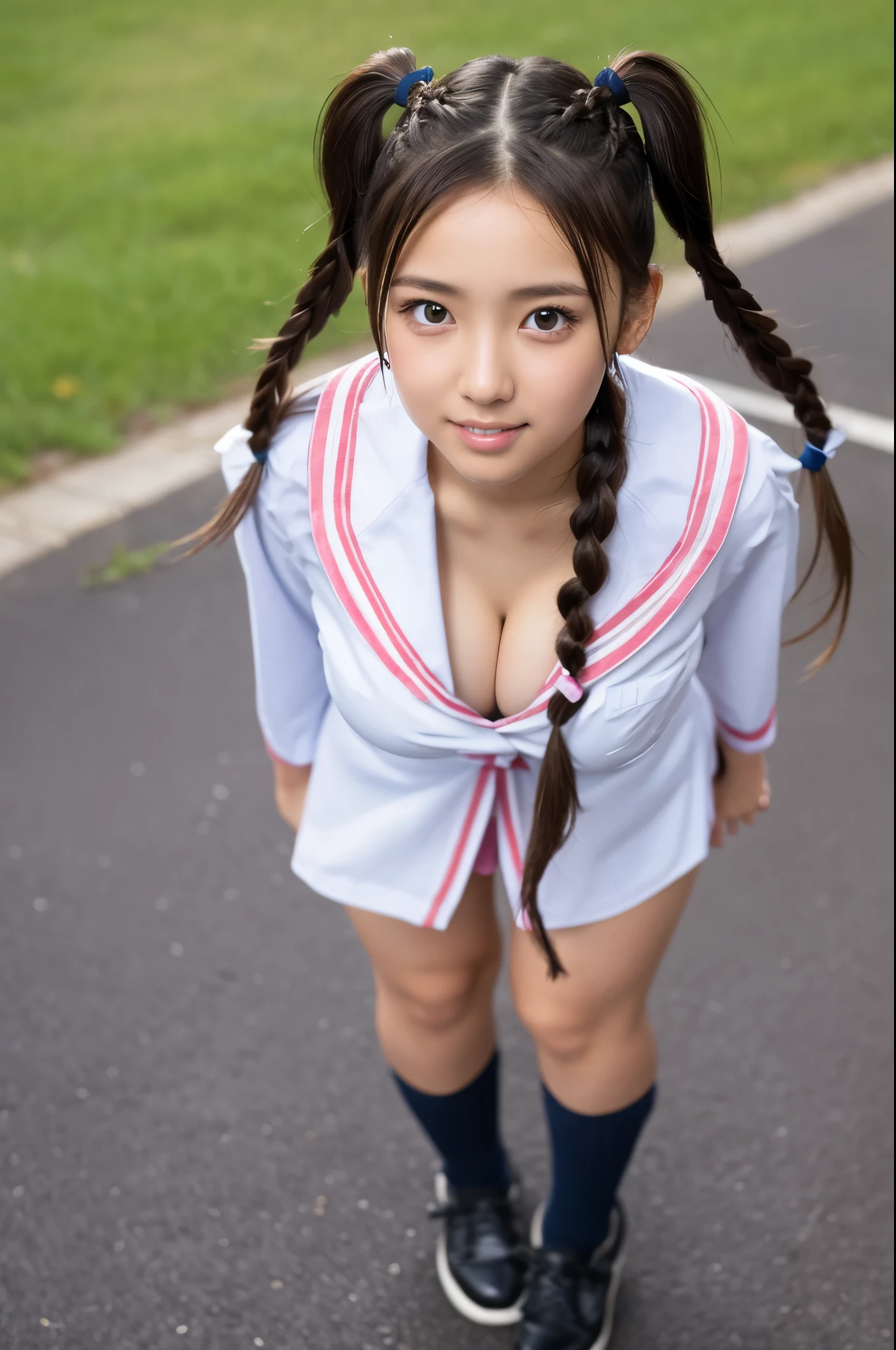 Highest resolution, 4k, masterpiece: 1.3), high school girl,uniform、18-year-old、 A photo of a woman, sexy: 1.1, ((Beautiful posture))、Big eyes, Cleavage、Thighs, realistic teeth, double eyelid, (Full Body),((Braided short twin tails)) highest quality, be familiar with, beauty, Adorable、 full body shot