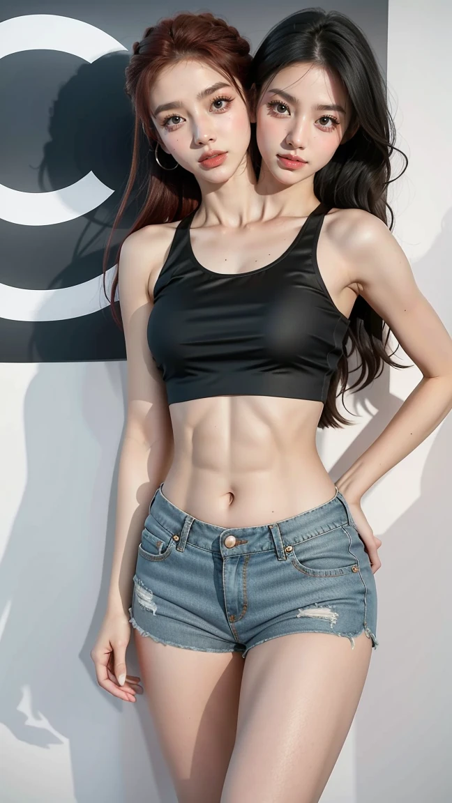 best quality, masterpiece, high resolution, 8K, (Practical: 1.4), Ultra high resolution, 1 girl, Super detailed, 超Reality主义, Highly detailed CG illustrations, Official Art, light, Reality, young beautiful girl, Perfect body, Perfect body, full view, Perfect body, (start from below: 1.3), mask, posture, Sexy long legs, confident, Beautiful and sexy, Grey short sleeves, open belly, Black Super Shorts, S-Shaped Body, Upturned buttocks, Assumptions, 摆posture, Different perspectives,Vibrant Colors,