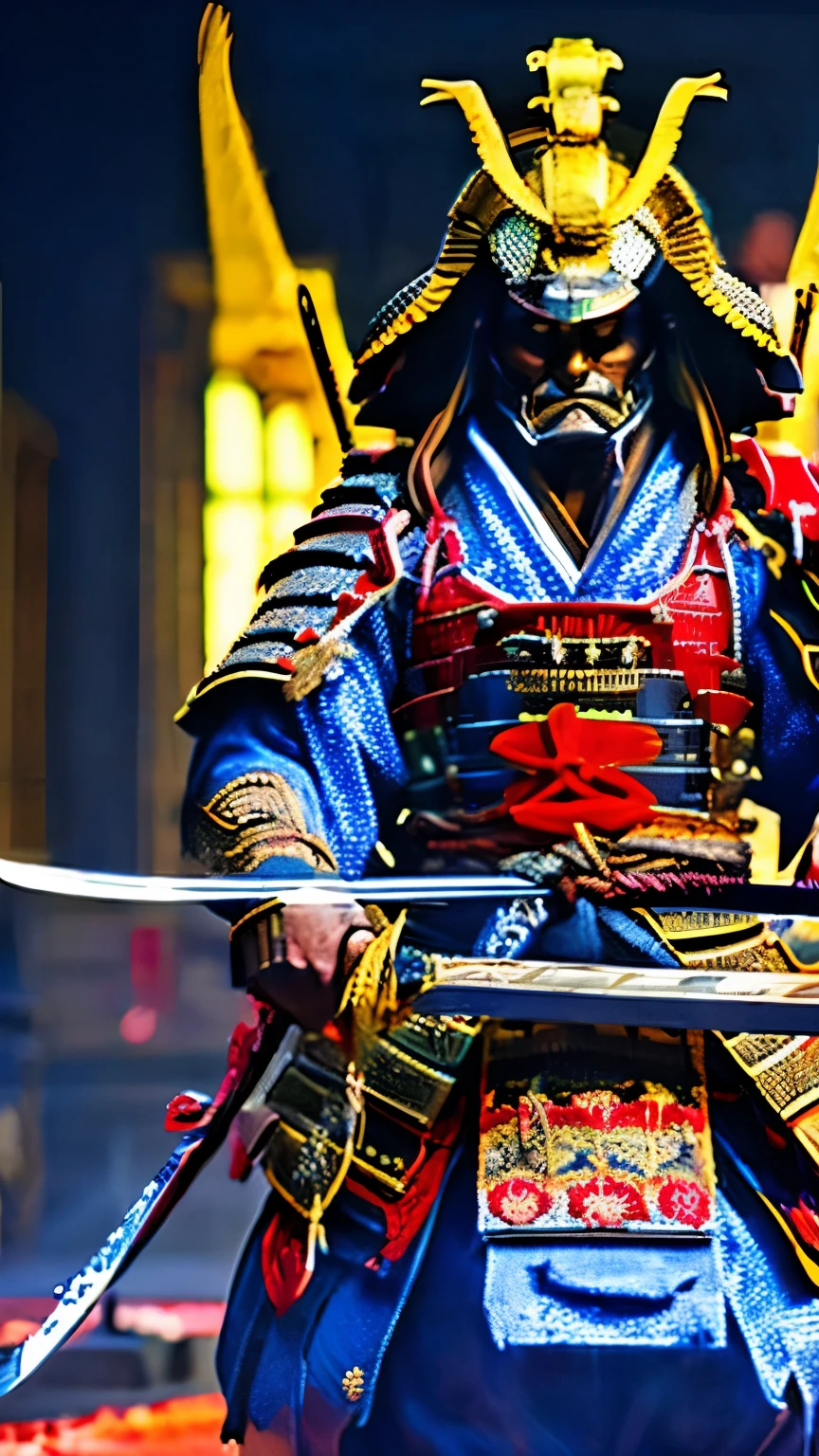 Samurai holding a sword with both hands above his head、scary face、Devilish face、delicate、High resolution、8ｋ