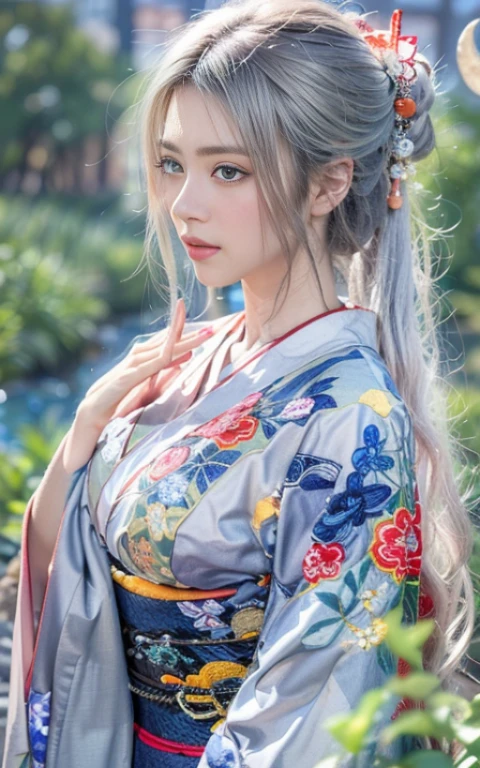 (Beautiful model appearing in Japanese kimono commercial, Beautiful silver mesh long hair swaying in the wind), (alone), ((face is 80% Beauty and elegance, 20% Beautiful and cute:1.5)), (Her roots are in Eastern Europe and Asia), Clear Eyes, (Fine grain, Light brown eyes, Bright pupils), double eyelid, (Slightly thick, sexy lips:1.2), Very detailed and incredibly high resolution silver long Kimono, Highly detailed facial texture, impressive body shape, curvaceous and very attractive woman, (The color of the long kimono is 95% Silver and 5% lapis lazuli:1.5), High resolution RAW color photo Professional photo, break ultra high-resolution textures, High-resolution body rendering, Big eyes, An unparalleled masterpiece, Incredible high resolution, Very detailed, Stunning Ceramic Skin, break (Wearing a shiny silver long garment of Rinpa, which uses plenty of Rinpa's silver color.), (The main color is Rinpa's shiny silver), (Exquisitely crafted classic Japan shiny silver long kimono), ((The embroidery pattern is a Japanese painting style of lapis lazuli birds, cloud, Mountain, river, And flowers)), (A lapis lazuli obi that matches this kimono), ((Long kimono in shiny silver with exquisite and elegant embroidery)), (The background is sparkling silver diamond dust emitted from the moon:1.5) break ((highest quality, 8K)), Sharp focus:1.2, (Layered Cut, big:1.2), (Beautiful woman with perfect figure:1.4), (Beautifully shaped breasts:1.3), Narrow waist, (Correct hand shape:1.5), (full body shot | Rear view)