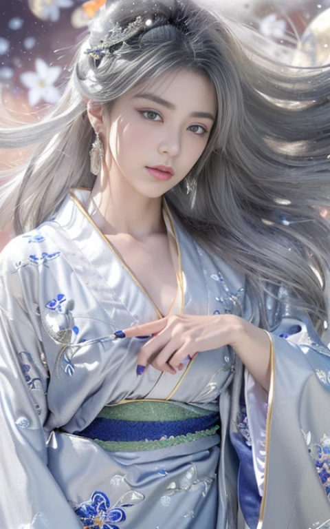 (Beautiful model appearing in Japanese kimono commercial, Beautiful silver mesh long hair swaying in the wind), (alone), ((face is 80% Beauty and elegance, 20% Beautiful and cute:1.5)), (Her roots are in Eastern Europe and Asia), Clear Eyes, (Fine grain, Light brown eyes, Bright pupils), double eyelid, (Slightly thick, sexy lips:1.2), Very detailed and incredibly high resolution silver long Kimono, Highly detailed facial texture, impressive body shape, curvaceous and very attractive woman, (The color of the long kimono is 95% Silver and 5% lapis lazuli:1.5), High resolution RAW color photo Professional photo, break ultra high-resolution textures, High-resolution body rendering, Big eyes, An unparalleled masterpiece, Incredible high resolution, Very detailed, Stunning Ceramic Skin, break (Wearing a shiny silver long garment of Rinpa, which uses plenty of Rinpa's silver color.), (The main color is Rinpa's shiny silver), (Exquisitely crafted classic Japan shiny silver long kimono), ((The embroidery pattern is a Japanese painting style of lapis lazuli birds, cloud, Mountain, river, And flowers)), (A lapis lazuli obi that matches this kimono), ((Long kimono in shiny silver with exquisite and elegant embroidery)), (The background is sparkling silver diamond dust emitted from the moon:1.5) break ((highest quality, 8K)), Sharp focus:1.2, (Layered Cut, big:1.2), (Beautiful woman with perfect figure:1.4), (Beautifully shaped breasts:1.3), Narrow waist, (Correct hand shape:1.5), (full body shot | Rear view)