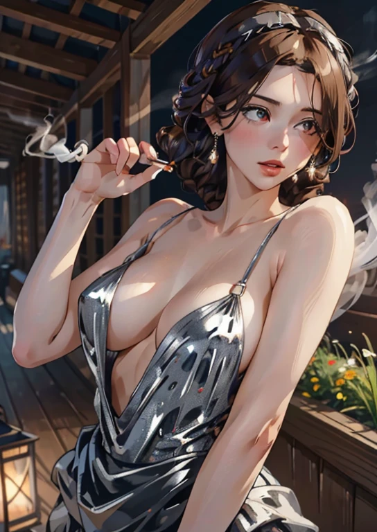 22 years old, (milf:0.8), (solo:1.5), (sfw:1.25), cute breast, beautiful breasts, medium tits, thin waist, big ass:1.0, Raised sexy, (dark mahogany medium short hair, updo, hair band, red eyes, light smile, big , Revimpling fabric, earrings, Hand gloves, detailed face,(smoking:1.3),brunette hair,detailed and beautiful eyes,beautiful detailed lips,Rolling her eyes,manner,hair over one eye, asymmetric hair, Carly hair, low tied braids), (ultra high resolution, 8K RAW photo, photo realistics, thin outline:1.3, clear focus), best qualtiy, natural lighting, textile shading, blurry back ground, field depth, (Bright pupils, fine detailed beautiful eyes with highlight:1.3, high detailed face), Red lip, fine realistic skins:1.1, looking down viewers:1.3, (dynamic angle:1.3, front view:1.1, breast focus:1.3, from below:1.2), (dynamic posing:1.5, sexy posing:1.2),Youghal, side lock, hair ornaments, hair band,nice,garden background,artistic rendering,Super detailed,(highest quality,4k,8K,High resolution,masterpiece:1.2),Bright colors,studio lighting