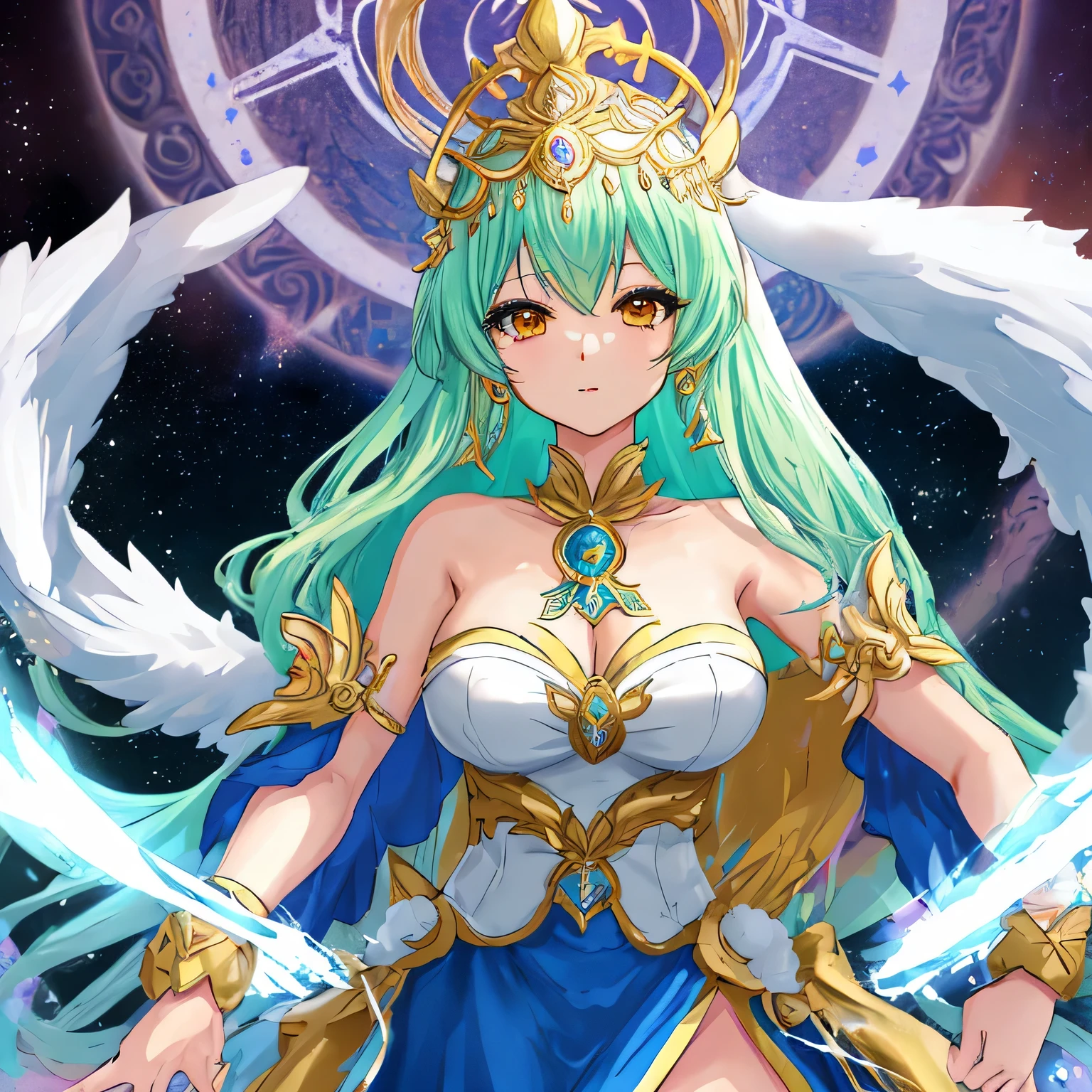 (best quality, ultra-detailed, masterpiece:1.2), fair, spokesmodel goddess, Chronos, eternity, time god, ancient times, mystery, magic, god rays, galaxy, stardust, ethereal face, enchanting eyes, flowing hair, celestial landscape, shimmering long skirt, starry magic circle, ethereal lighting, Octane Render