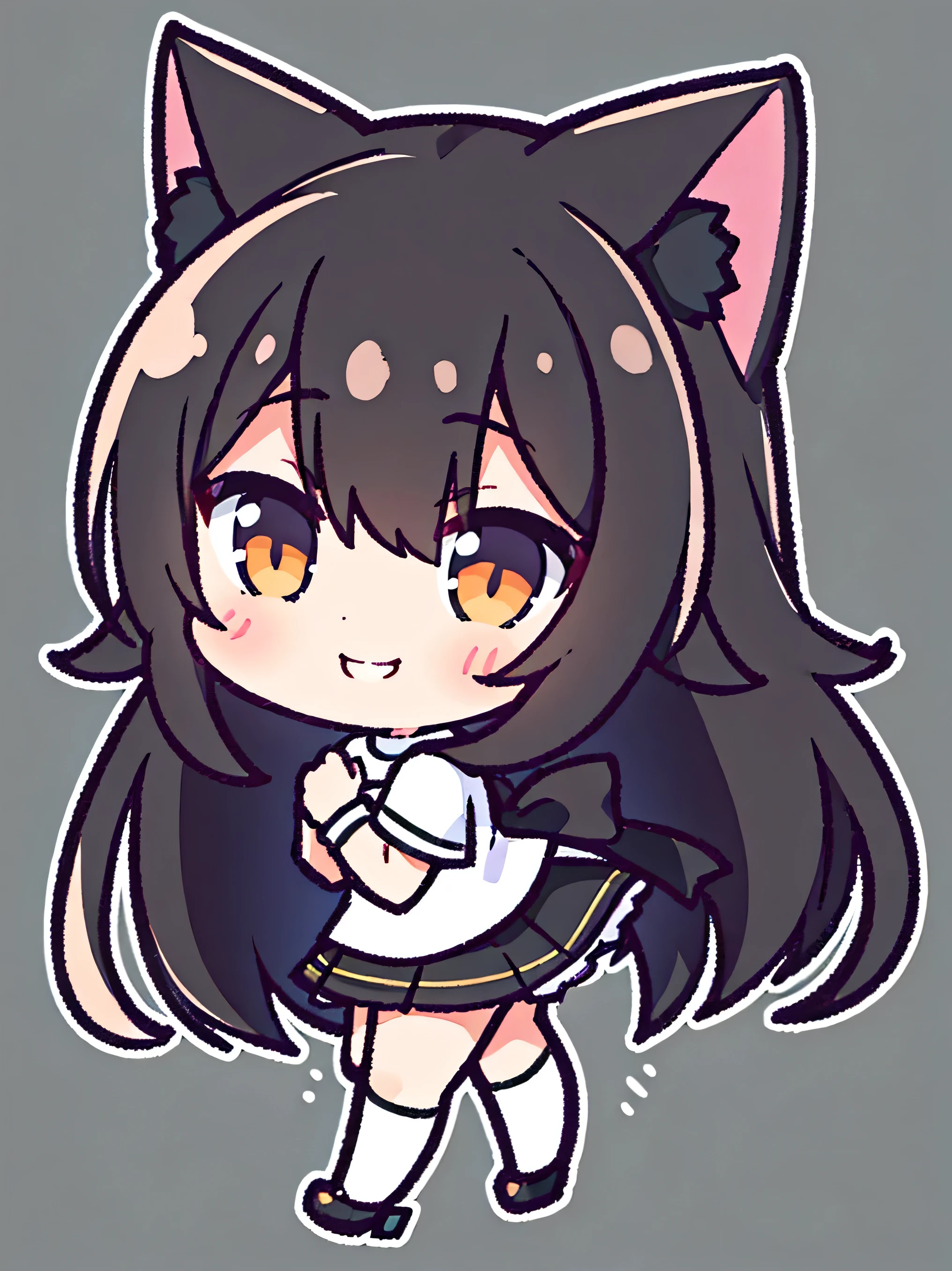 girl,one person, Long black hair, Cat ear,mini skirt,White shirt,Short sleeve, smile, blank background, whole body, high quality