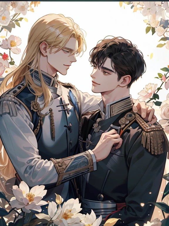 (extremely delicate and beautiful:1.2), 8K, (​masterpiece, best:1.2), (Two men:1.3), full bodyesbian, Beautiful man with blonde long hair, Middle-aged man with short black hair, Uniforms, Knights, intricate detailes, finely eye and detailed face, Perfect eyes, Equal eyes, (A male god), florals, a smile